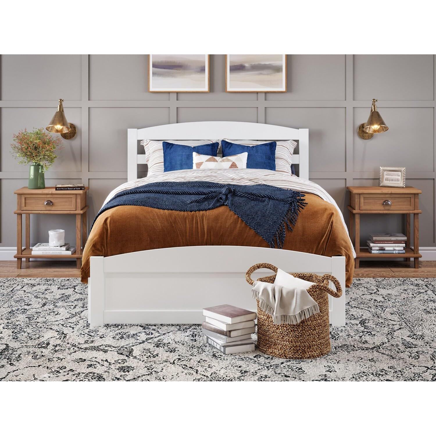 AFI Warren Queen Size Platform Bed with Storage & USB Charging Station - Modern White Wooden Bed Frame with Footboard for Bedroom, Guest Room, or Dorm