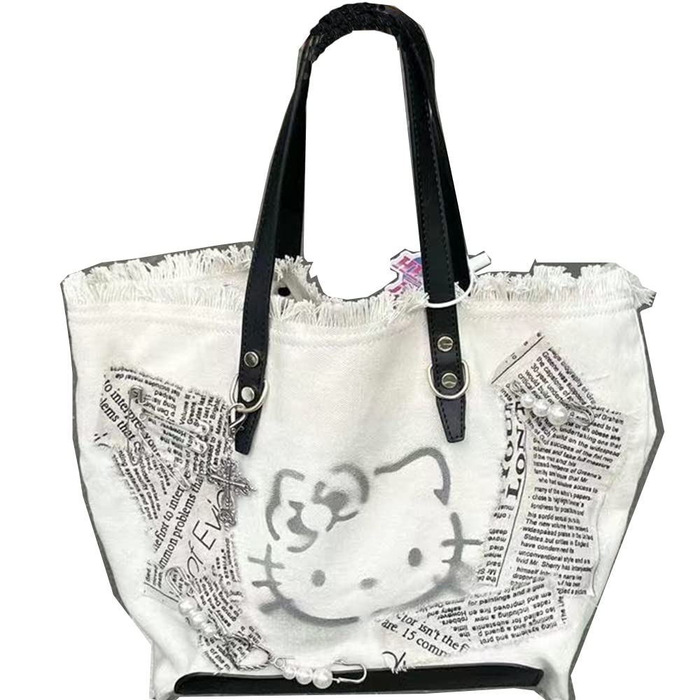 Hello Kitty & My Melody Anime Tote Bag with Zipper - Cute Canvas Lunch Bag for Women - White Cat Print Tote - Perfect for School, Work & Shopping