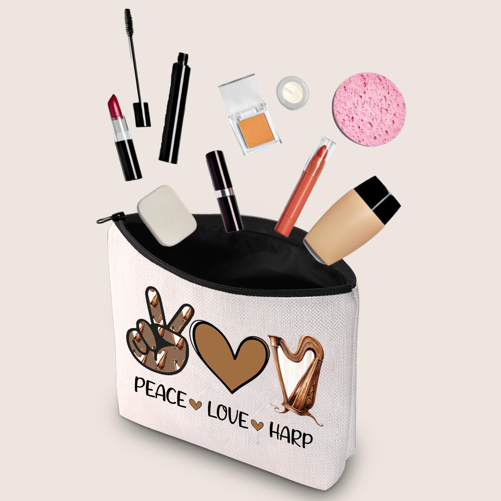 JXGZSO Harp-Themed Makeup Bag with Zipper - Perfect Musician Gift for Harp Lovers, Peace & Love Design Toiletry Pouch - Great for Travel, Cosmetics Storage & Music Festival Essentials