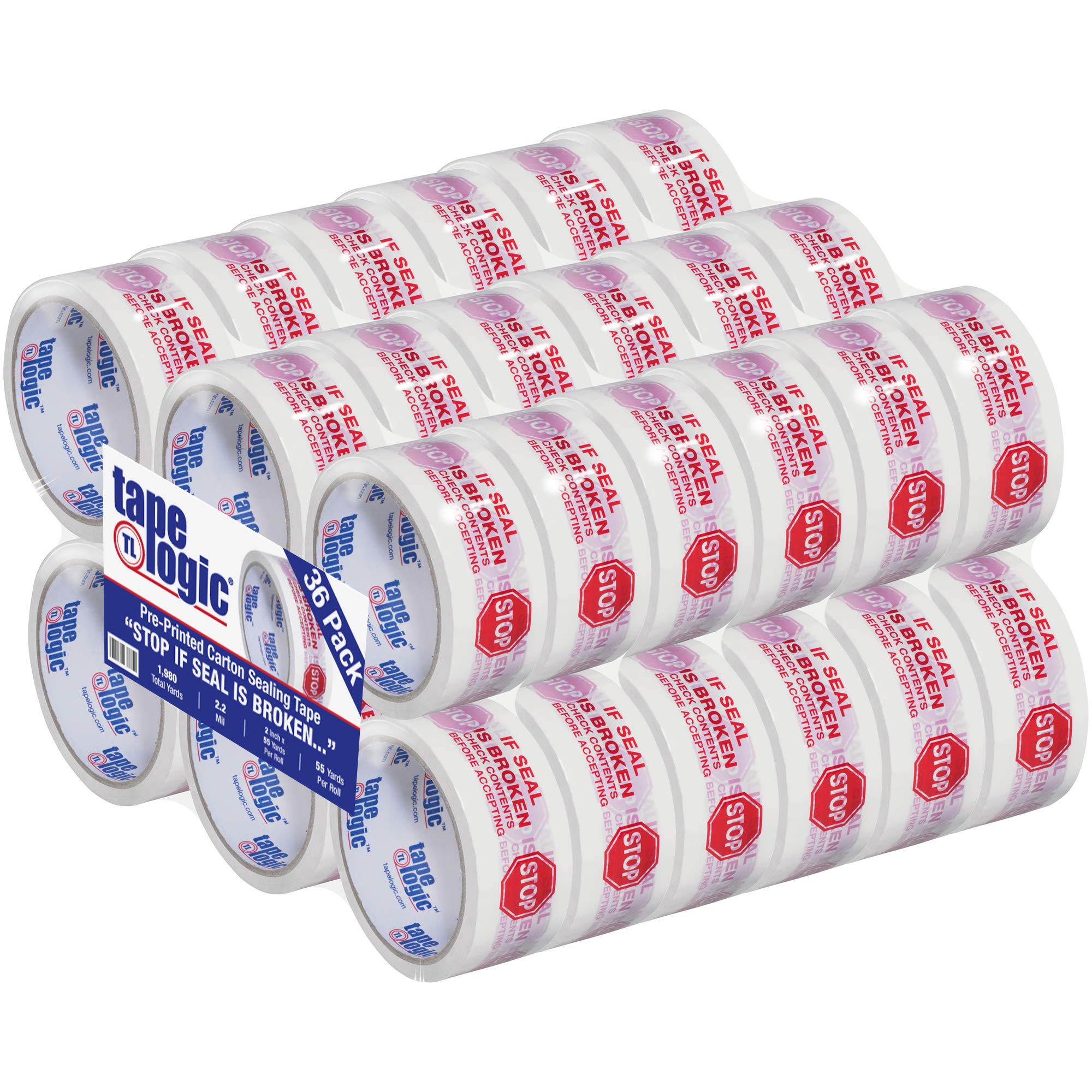 Aviditi Tape Logic 2 Inch x 55 Yard 2.2 Mil Red/White Heavy Duty Packing Tape - 36 Rolls with 'Stop If Seal is Broken' Security Feature | Ideal for Shipping Boxes, Moving Supplies, Office Packing & Home Storage Solutions
