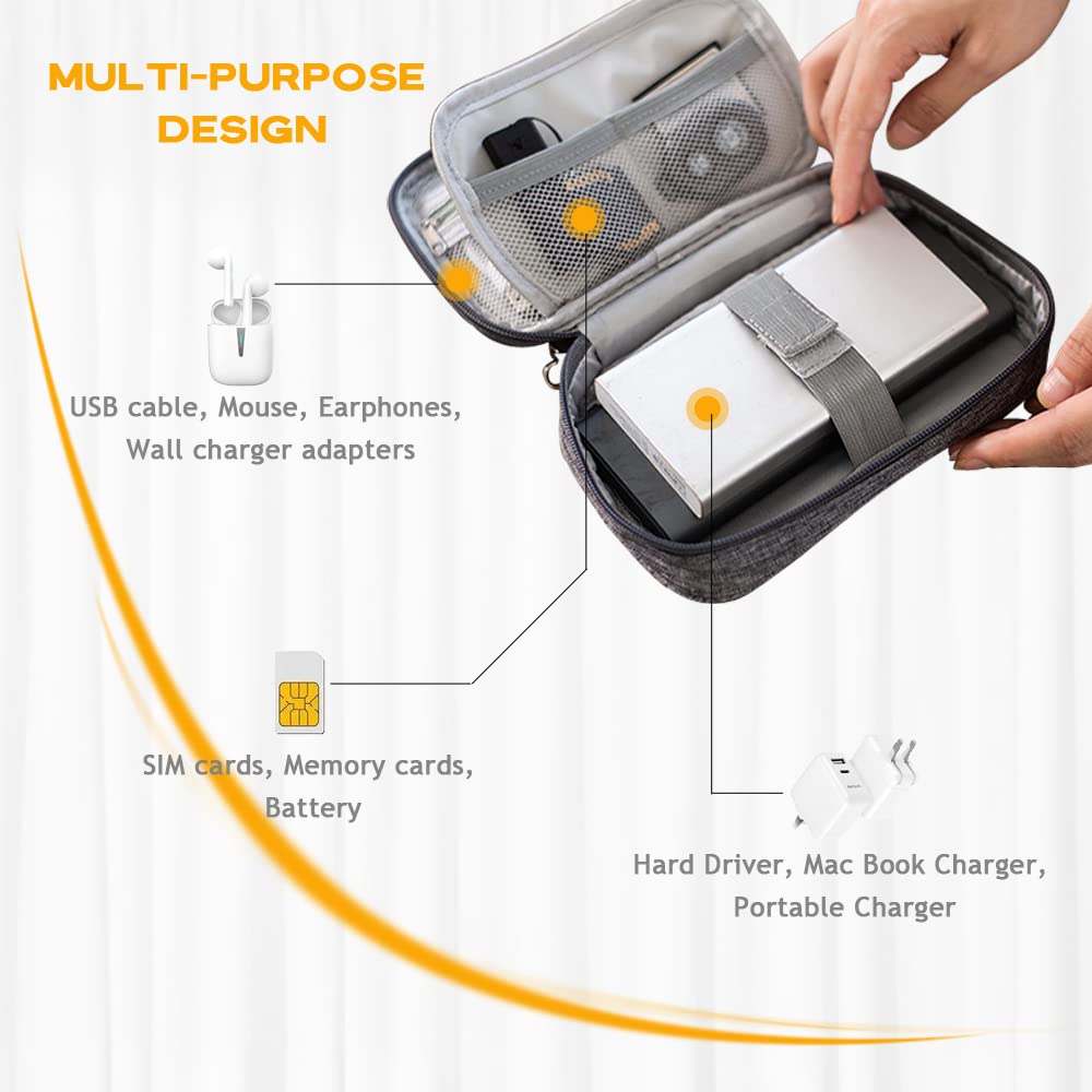 Portable Electronic Organizer Bag - Travel Cable Cord Organizer Case Pouch for Charger, Hard Drive, Earphones, USB & SD Cards - Compact & Durable (Grey) | Perfect for Travel, Office & Home Storage
