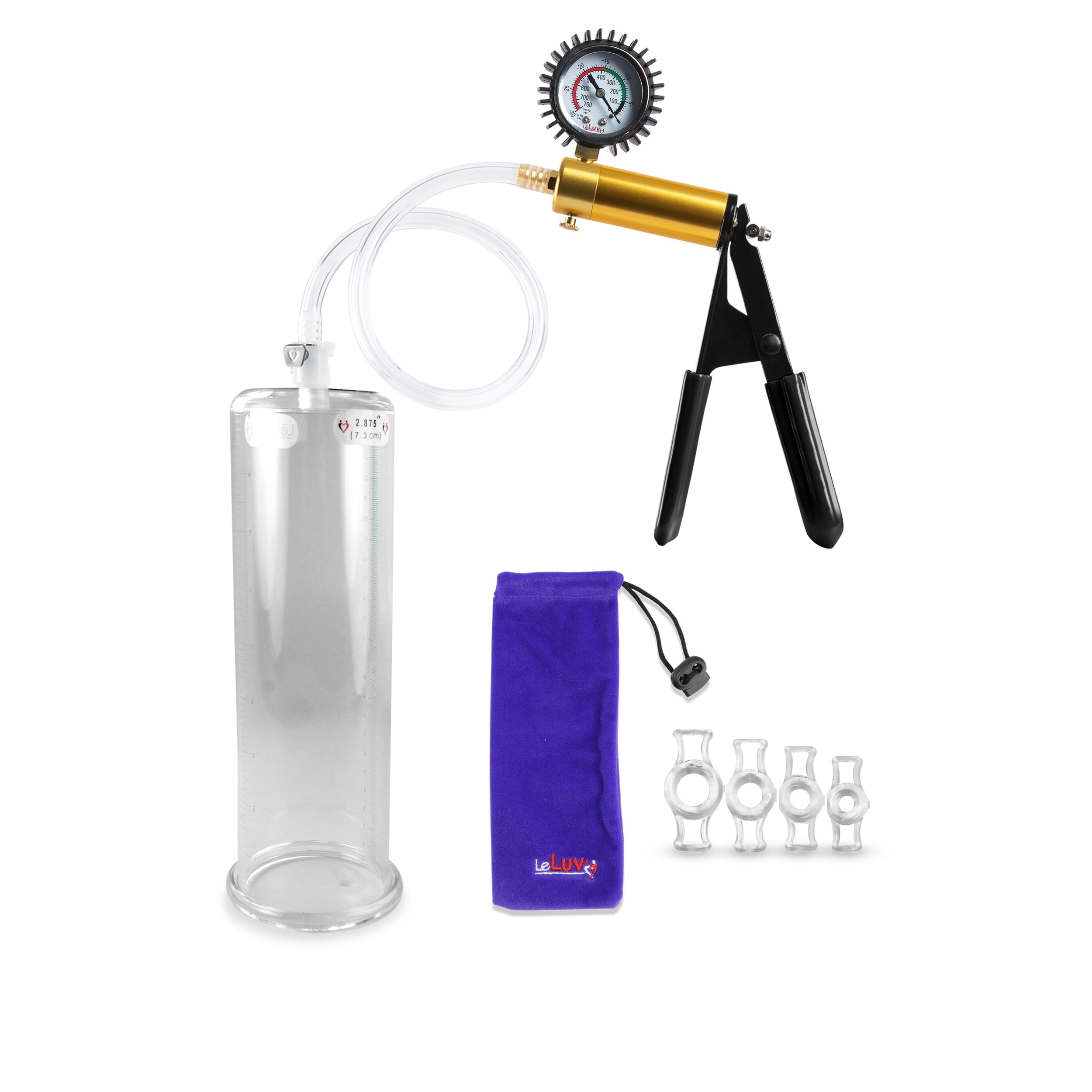 LeLuv Ultima Brass Penis Pump Kit with Rubber Grips, Clear Hose & Protected Gauge - 4 Constriction Rings - 9