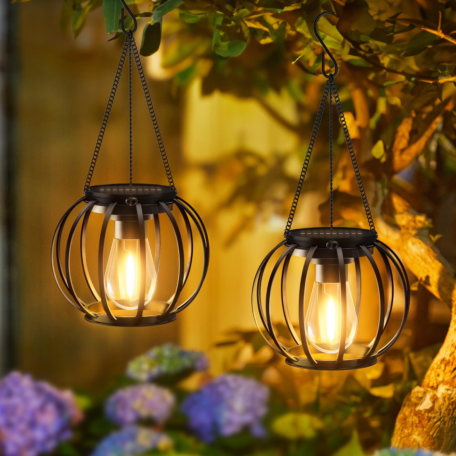 KOOPER Upgraded Metal Solar Lanterns - 2 Pack Waterproof Outdoor Hanging Lights with Auto On/Off, Bright Solar Powered for Yard, Garden, Patio & Pathway Decor | Perfect for Camping, Backyard Parties & Emergency Lighting