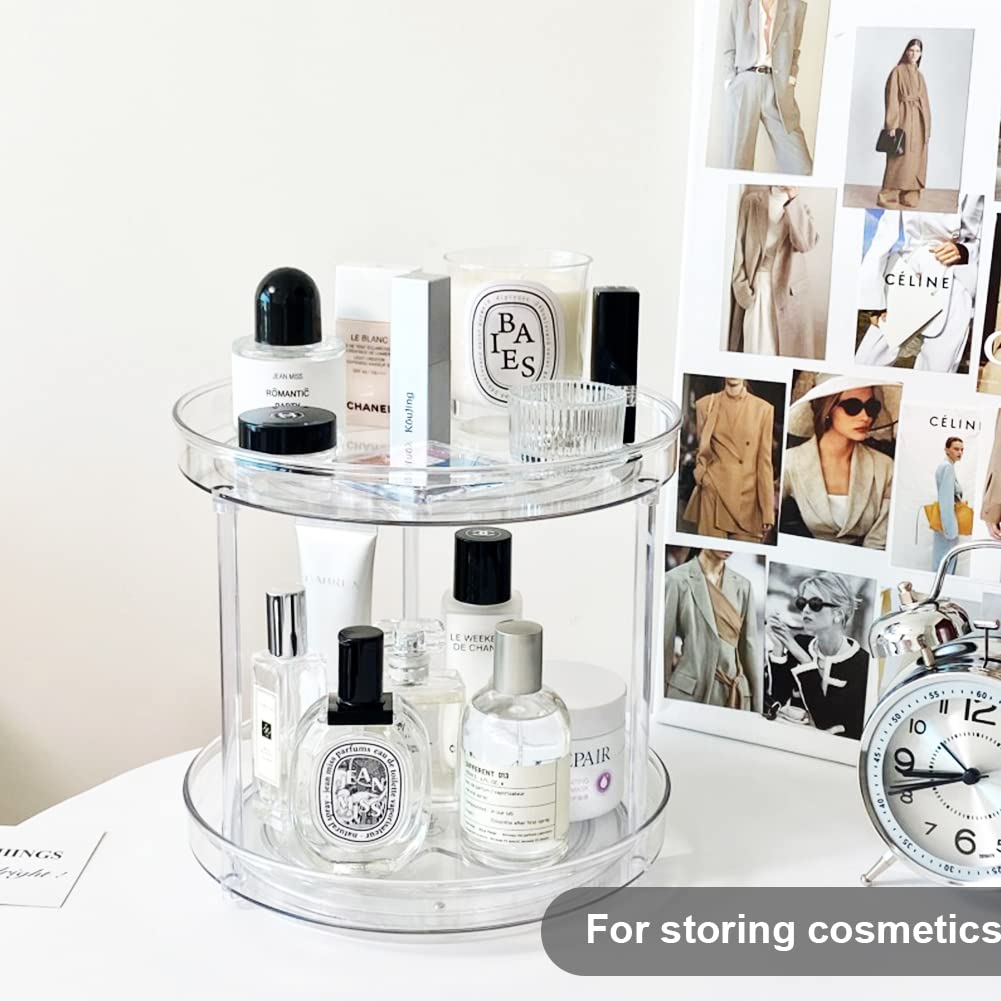 2-Tier Lazy Susan Turntable Organizer - Clear Plastic Rotating Storage Bin for Kitchen, Pantry & Bathroom | Spice Rack, Makeup Organizer & Cabinet Storage Solution | Perfect for Countertops, Dressers & Living Rooms