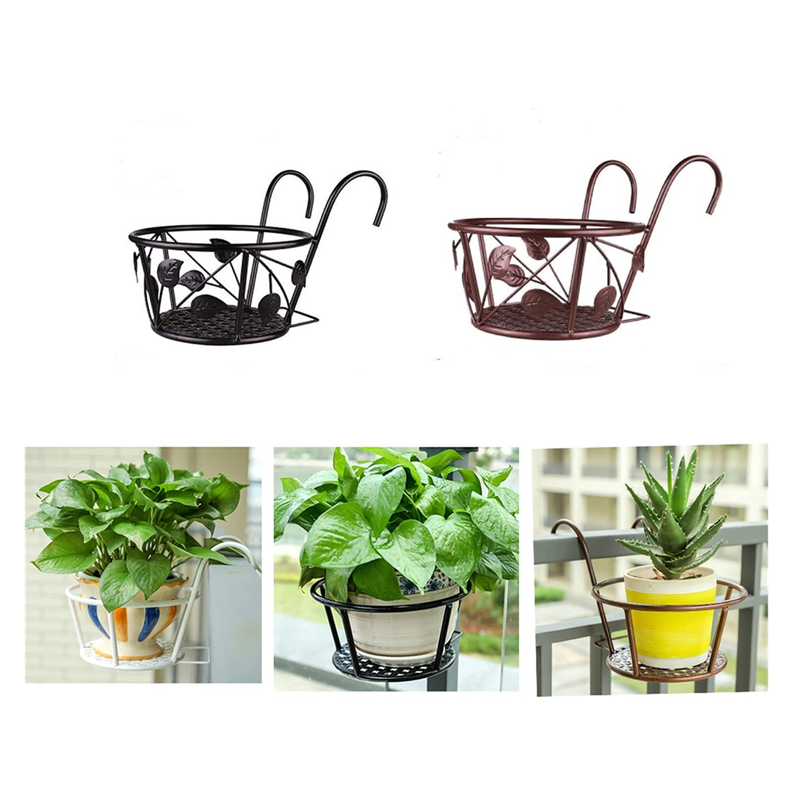 Wrought Iron Hanging Flower Pot Stand - Indoor/Outdoor Balcony Railing Planter with Wall Mount for Windows & Gardens (Brown Leaves Design) - Perfect for Small Space Gardening, Patio Decor & Vertical Planting
