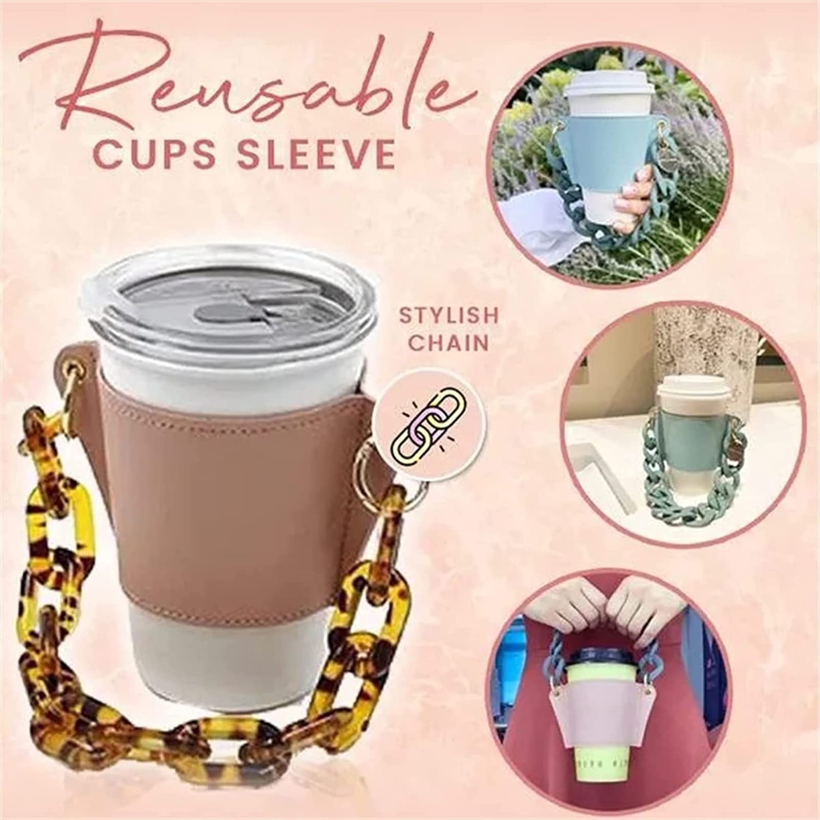 Premium Leather Drink Sleeve with Handle - Reusable Travel Coffee Cup Holder, Detachable Metal Chain for Convenience, Insulated Portable Beverage Cup Sleeve (Brown) - Perfect for Coffee Lovers, Commuting, Office Use & Outdoor Activities
