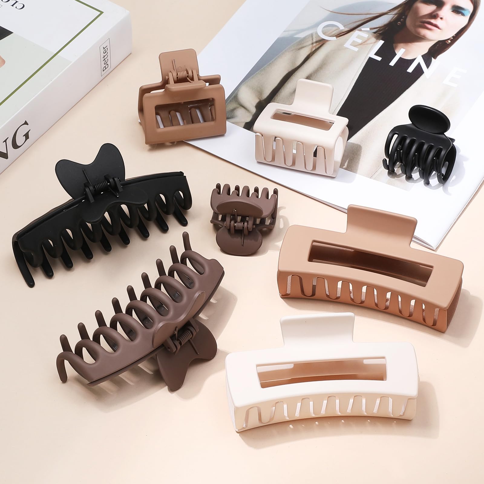 8 Pcs Hair Clips Set for Women & Girls - Large, Medium, Small Hair Accessories for Thick & Thin Hair - 4 Styles (Claw, Rectangle, Square, Butterfly) in Brown - Perfect for School, Work, Parties & Daily Styling