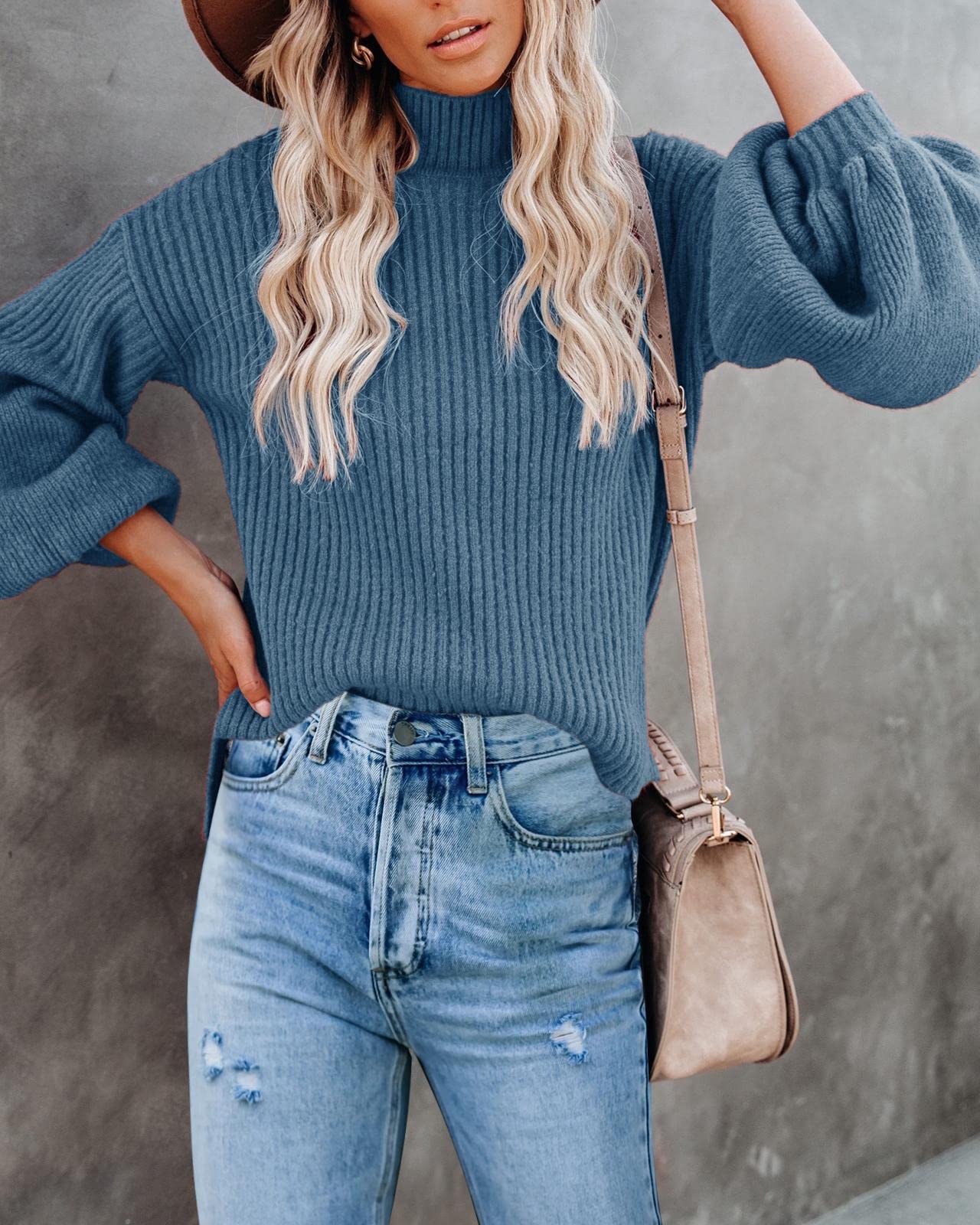 Saodimallsu Women's Oversized Turtleneck Sweater - Chunky Knit Long Puff Sleeve Ribbed Pullover Jumper Top | Cozy Winter Fashion for Casual Outings & Office Wear