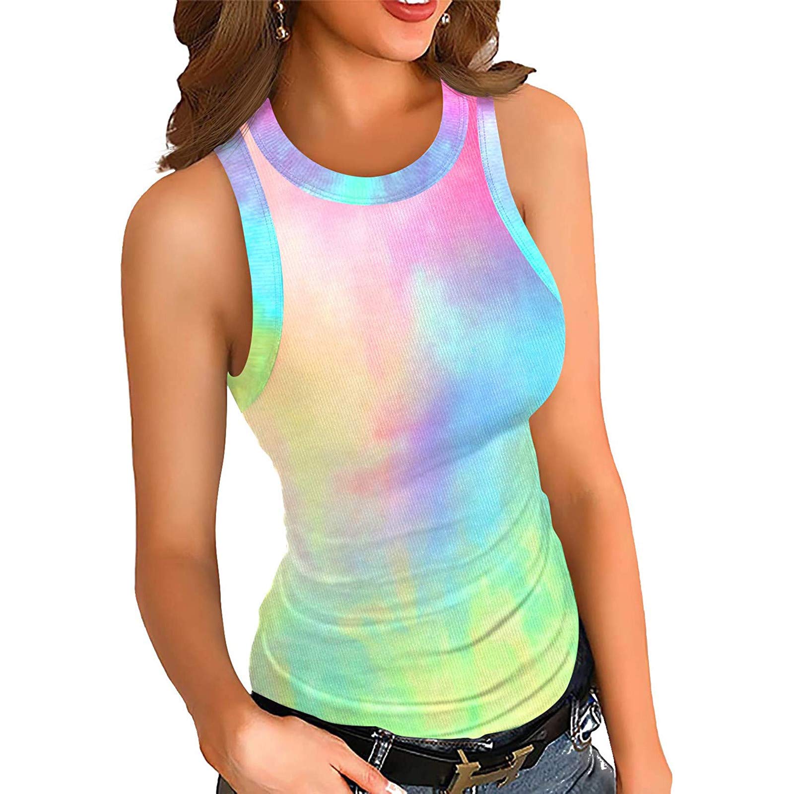 Women's Tie-Dye Slim Fit Ribbed Tank Top - Sleeveless Casual Knit Vest for Summer, Beach, Yoga & Everyday Wear