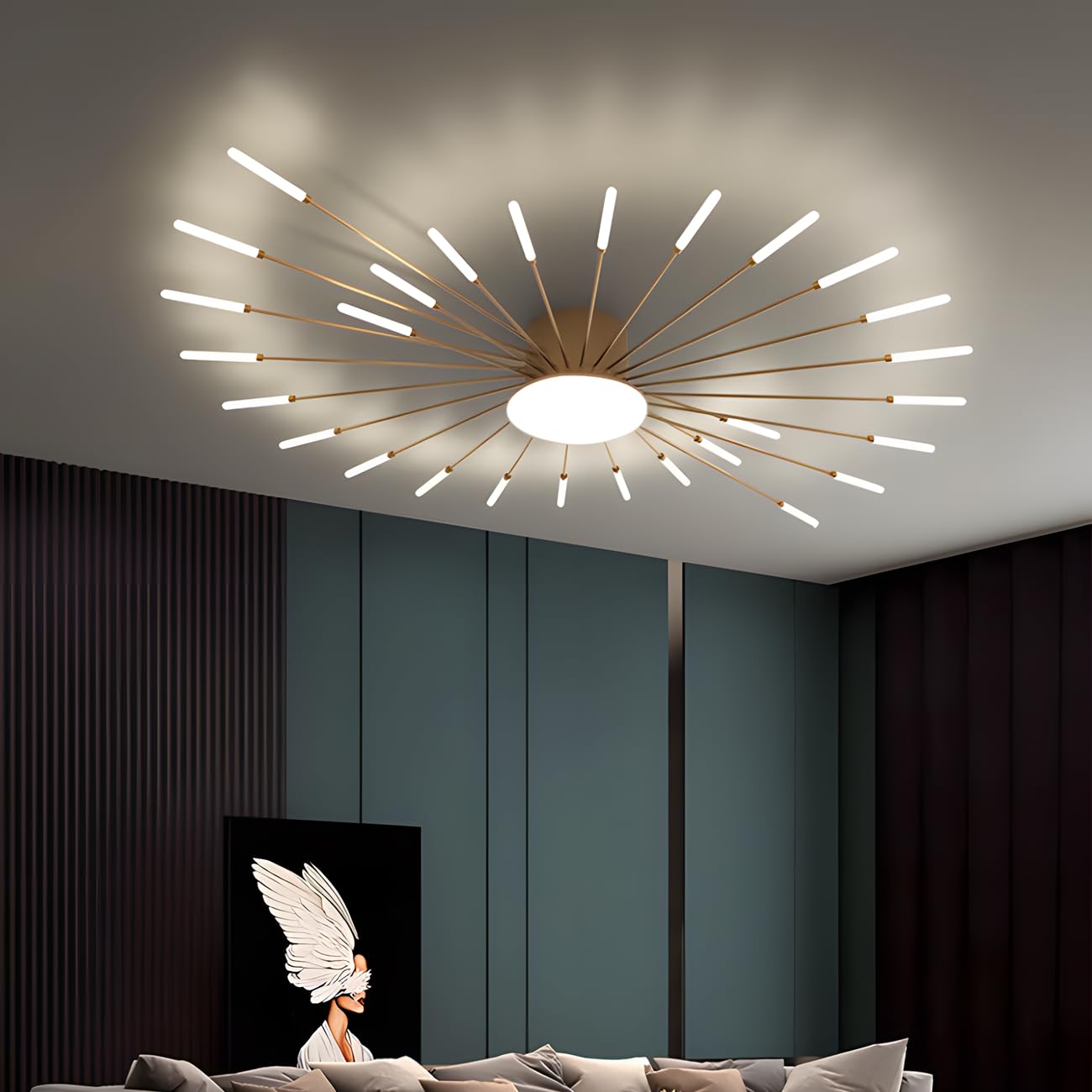 Modern Sputnik Ceiling Light Fixture - 28+1 Head Gold LED Starburst Chandelier, Semi-Flush Mount Linear Acrylic Spiral Design for Living Room, Bedroom, Dining Room & Office Lighting