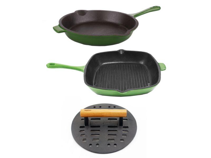 BergHOFF Neo 3-Piece Cast Iron Cookware Set - Grill Pan, Fry Pan & Slotted Steak Press - Nonstick & Even Heat Distribution - Perfect for Stovetop, Oven & Outdoor Cooking - Green