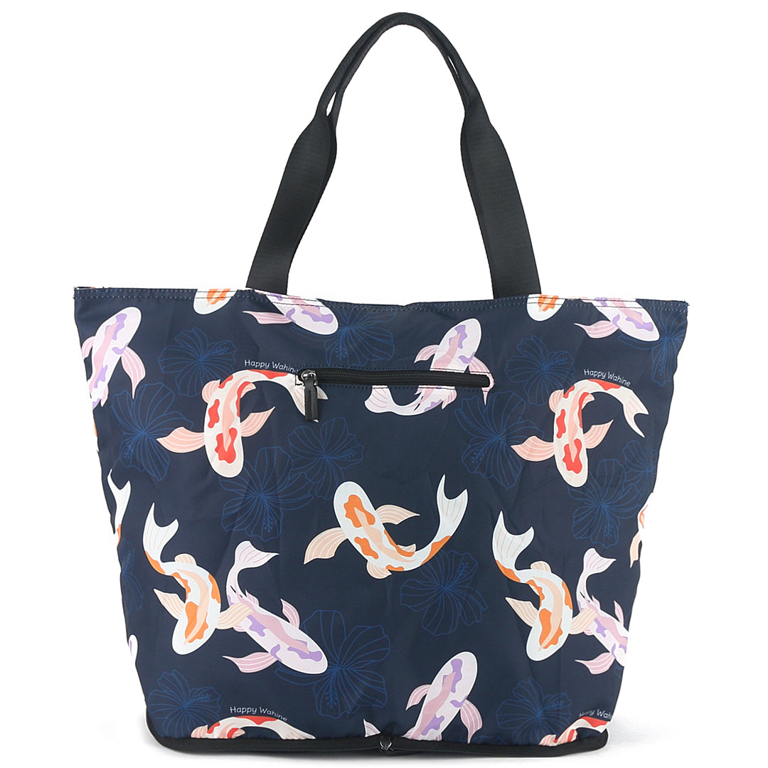 Foldable Tote Bag - James Koi Navy Blue Design - Lightweight & Waterproof Shopping Bag for Groceries, Beach, Travel & Daily Use