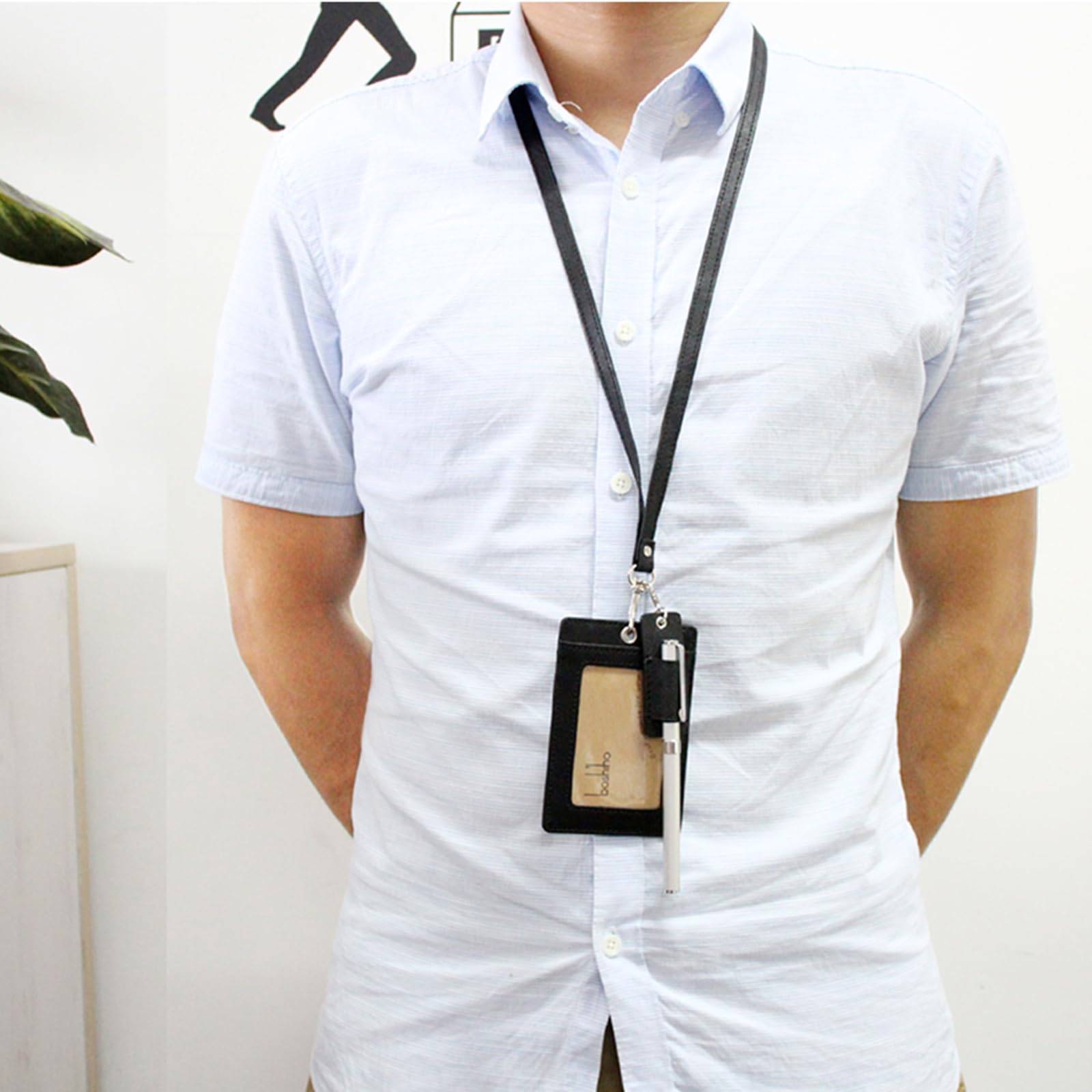 Boshiho Vertical Leather ID Badge Holder with Heavy Duty Lanyard - Black | Professional Security Card Holder for Work, Events & Conferences