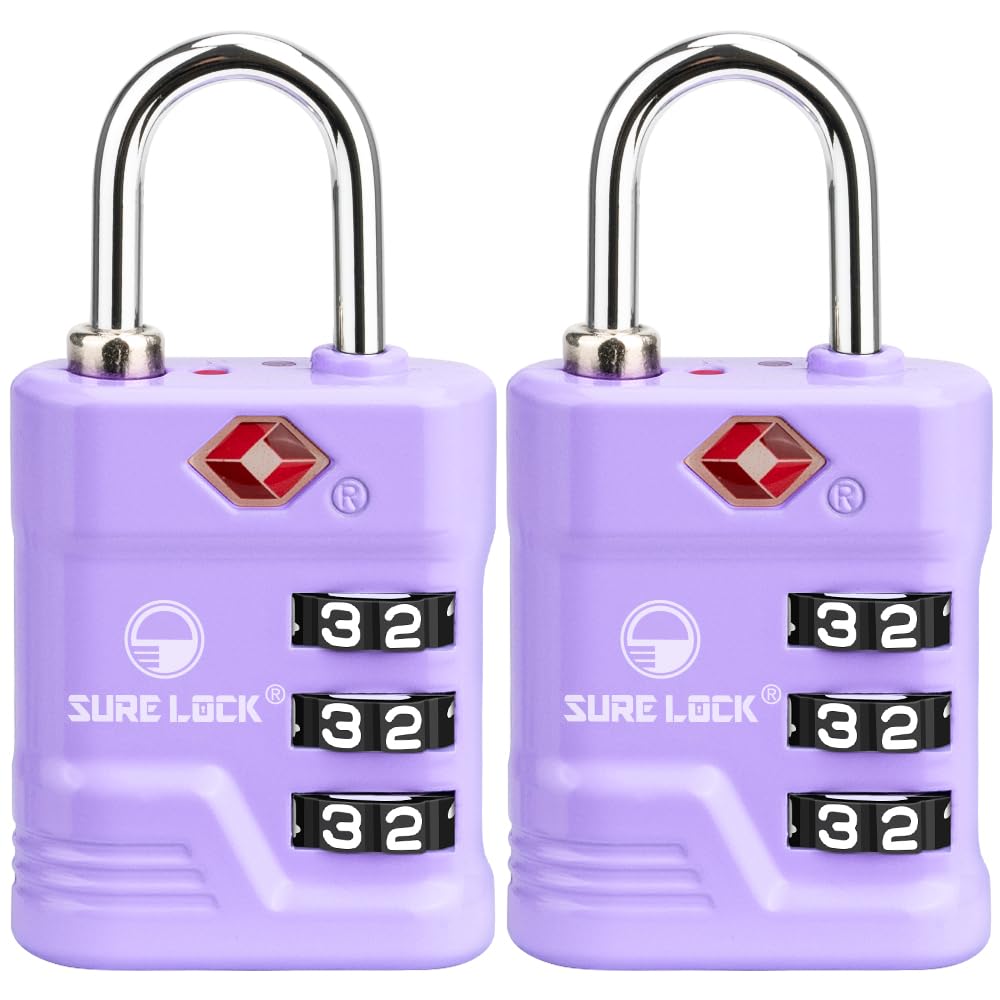 SURE LOCK TSA Approved Luggage Locks (2-Pack, Purple) - High Security Travel Locks with Open Alert, TSA008 Key & Easy Read Dials | Zinc Alloy Suitcase Locks for Airports, Gym & Travel Security