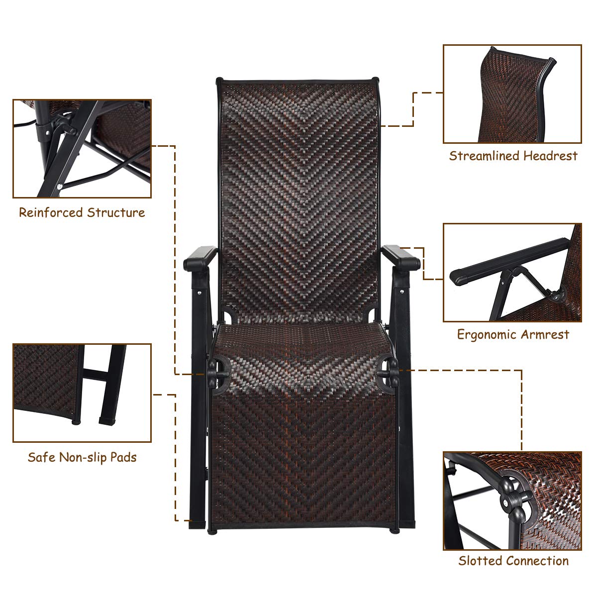 Tangkula 2-Pack Foldable Rattan Recliner Chairs - Adjustable Outdoor Lounge Chairs with Wide Armrests & Sturdy Steel Frame - Perfect for Patio, Garden, Beach, Poolside Relaxation & Backyard Lounging
