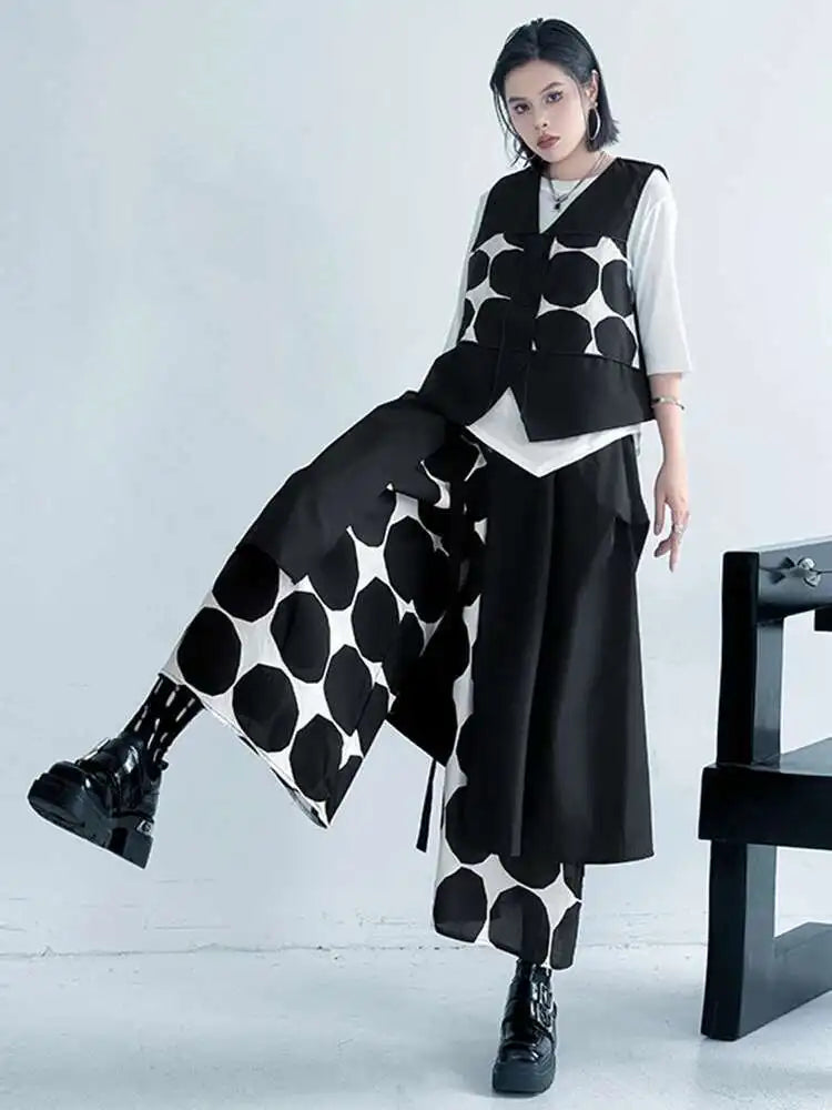 Plus Size Black Polka Dot Vest & Wide Leg Pants 2-Piece Set - Women's Fashion V-Neck Sleeveless Outfit for Spring/Fall 2025 | Office Wear, Casual Chic, Party Outfit