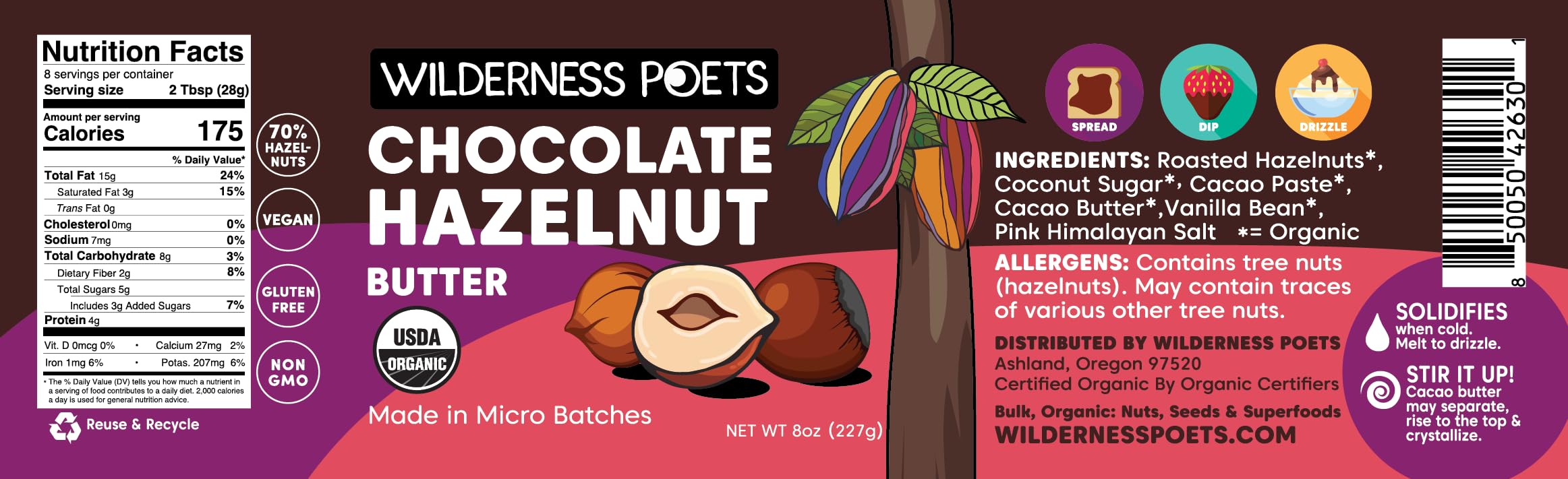 Organic Chocolate Hazelnut Butter - 70% Hazelnuts, 30% Dark Chocolate - Healthy Snack for Hiking & Breakfast