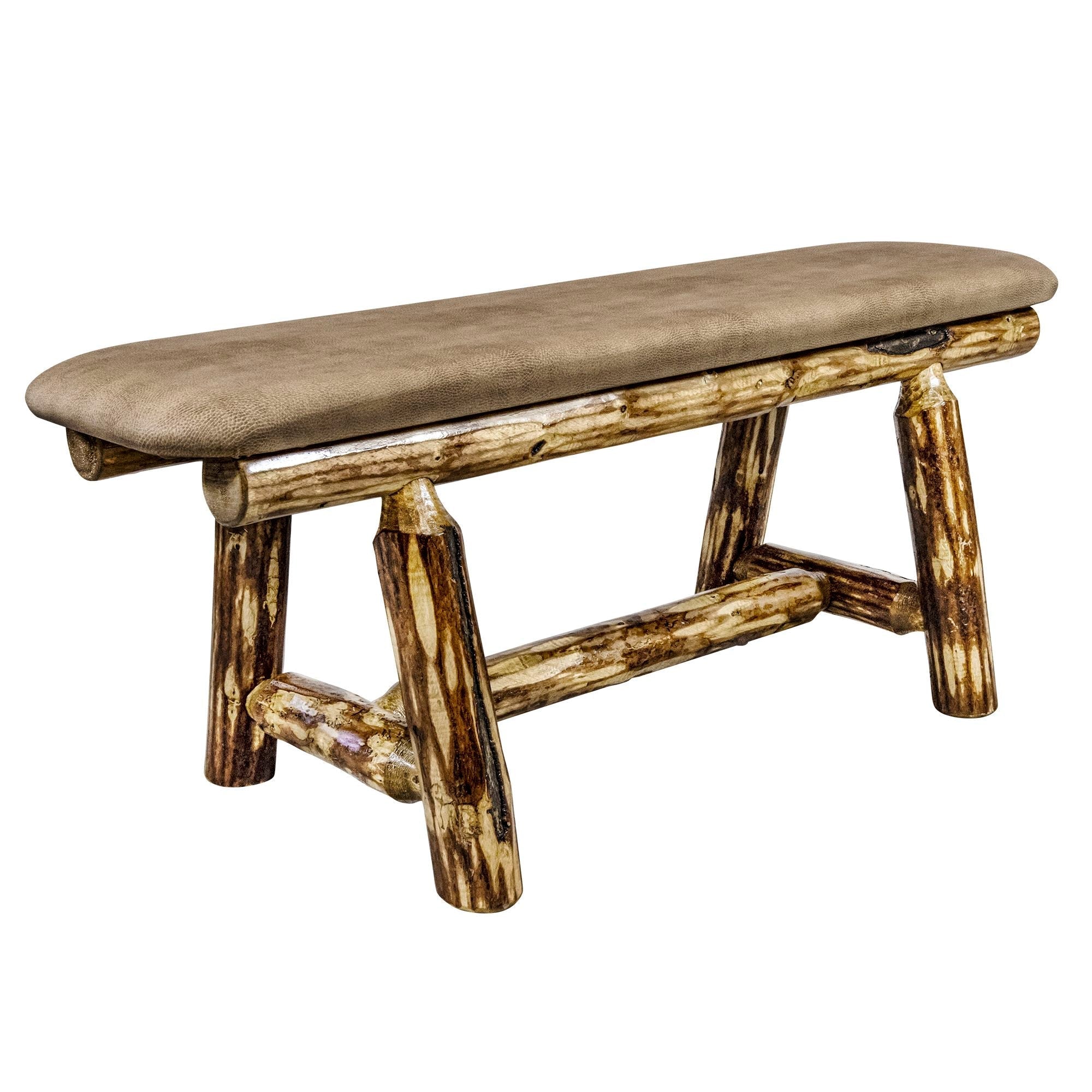 45 Inch Glacier Country Plank Style Bench with Buckskin Upholstery - Rustic Wooden Entryway Seating for Farmhouse, Cabin & Lodge Decor