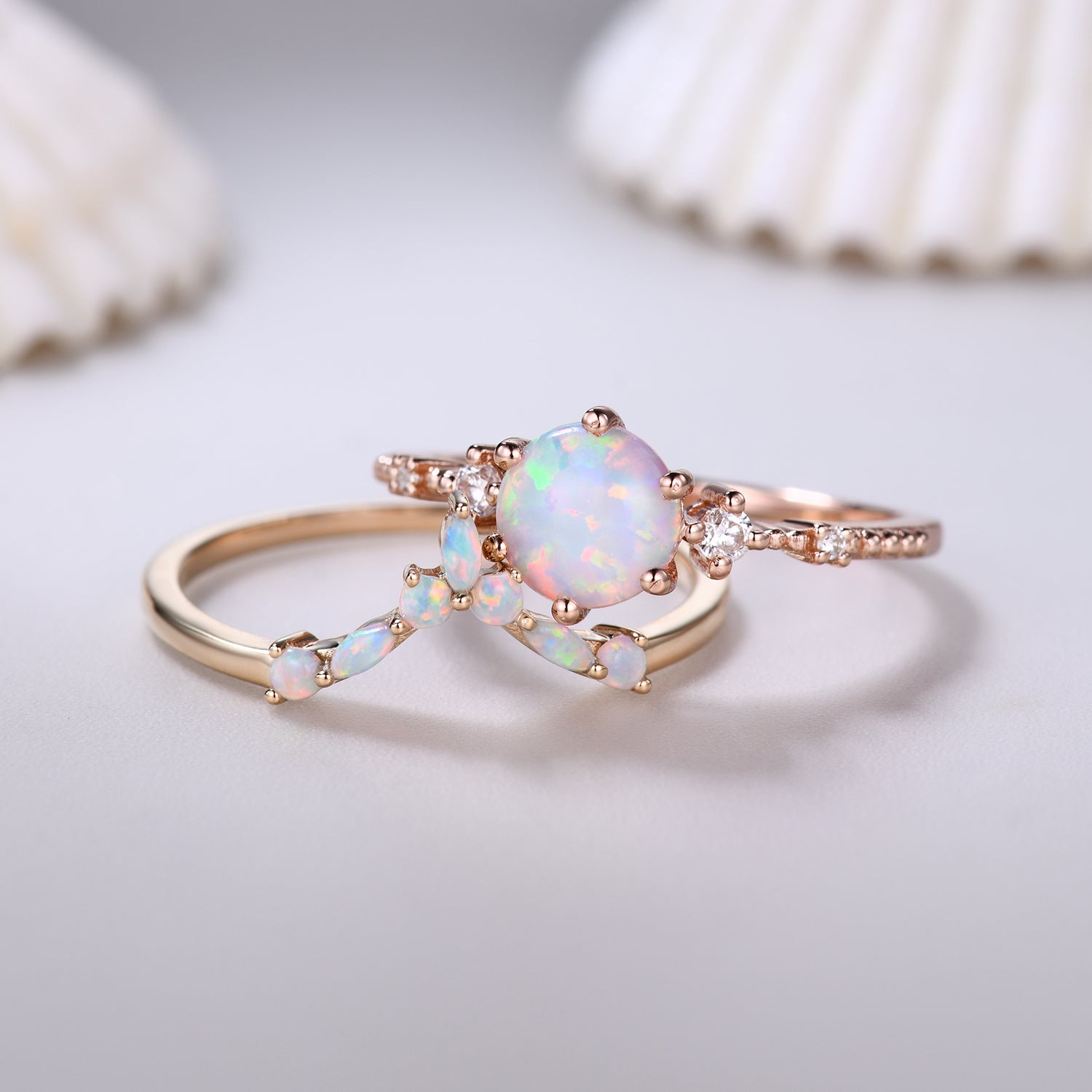 14K Solid Gold Round Opal Bridal Ring Set - Curved Wedding Band for Women, Anniversary Gift, Engagement Jewelry - Perfect for Weddings, Proposals & Special Occasions