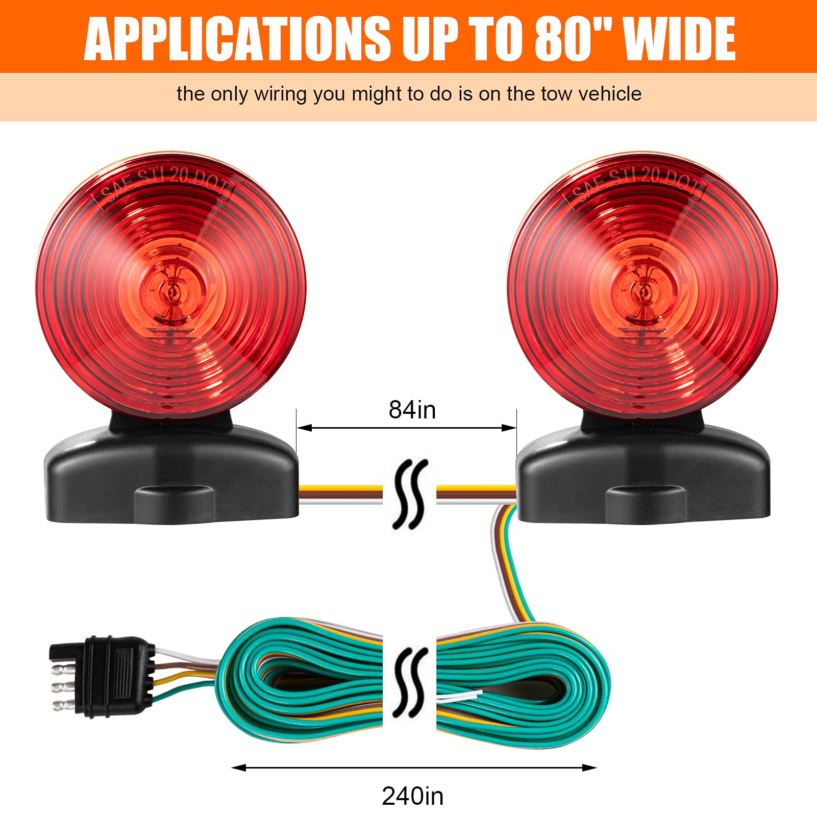 12V Magnetic Trailer Lights Kit - Red & Amber LED Tow Lights with 55lb Magnetic Strength, 20' Cable - Turn, Brake, Running Lights for Trailers, RVs, Trucks, Cars, Bikes & Tow Dollies - Ideal for Night Towing, Emergency Roadside Use & Off-Road Adventures