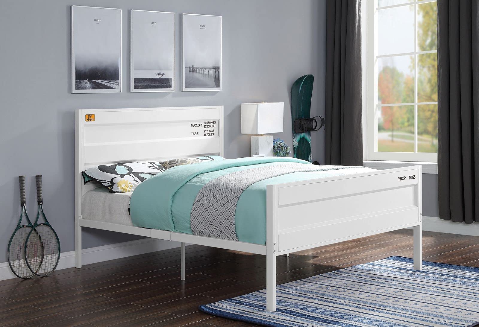 Industrial Style Cargo Youth Bed Frame - Full Size Metal Platform Bed with Headboard for Teen & Kids Bedroom - Durable White Steel Bed Frame for Boys & Girls Room Decor (Perfect for Small Spaces & Loft Beds)