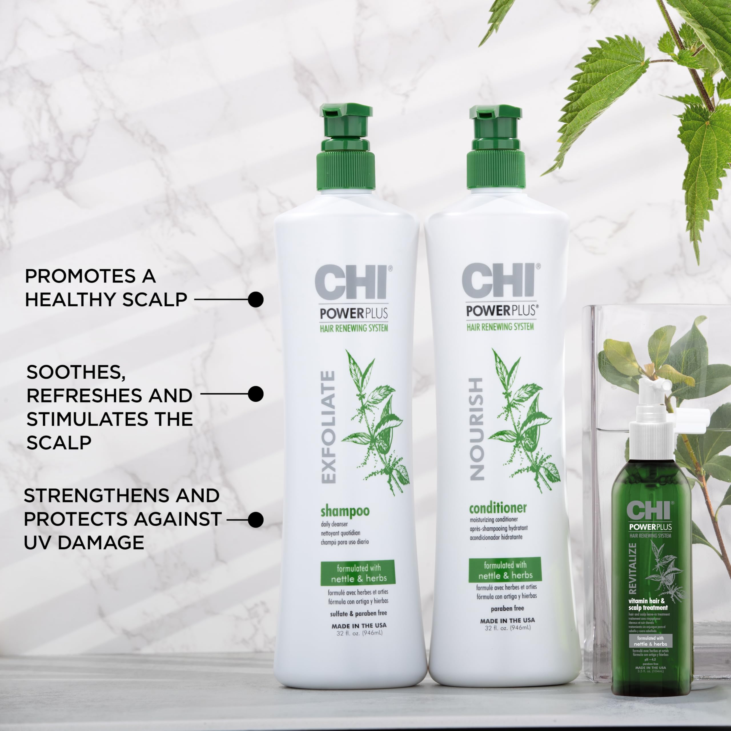 CHI Power Plus Step Exfoliate Shampoo 32oz, Nourish Conditioner 32oz & Revitalize Vitamin Hair Scalp Treatment 3.5oz - 3-Step Professional Hair Care System for Damaged Hair Repair - Salon Quality Shampoo & Conditioner Set for Dry, Frizzy Hair - Perfect for Home & Professional Use