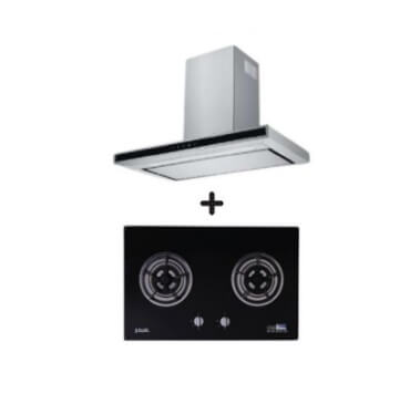 Ellane EH 2880 90cm Touch Control Stainless Steel Range Hood with Ellane WG 2SV 80cm 2 Burner Glass Gas Cooktop - Modern Kitchen Ventilation & Cooking Solution for Home Chefs