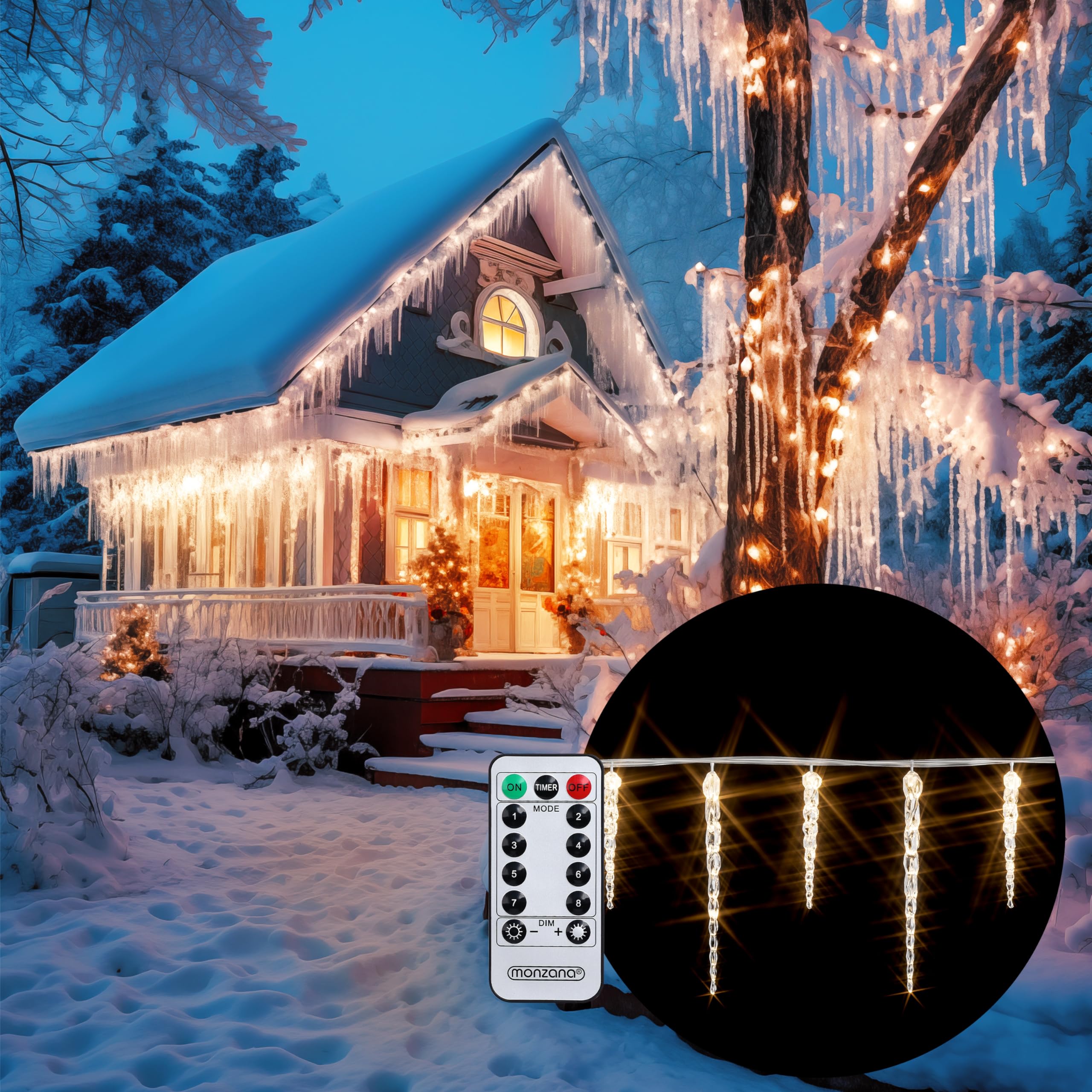 Monzana LED Christmas Icicle Lights - 40 Bulbs, 8 Lighting Modes, Remote Control, Timer, IP44 Waterproof - Perfect for Holiday Decorations, Outdoor Christmas Lighting, and Winter Party Ambiance