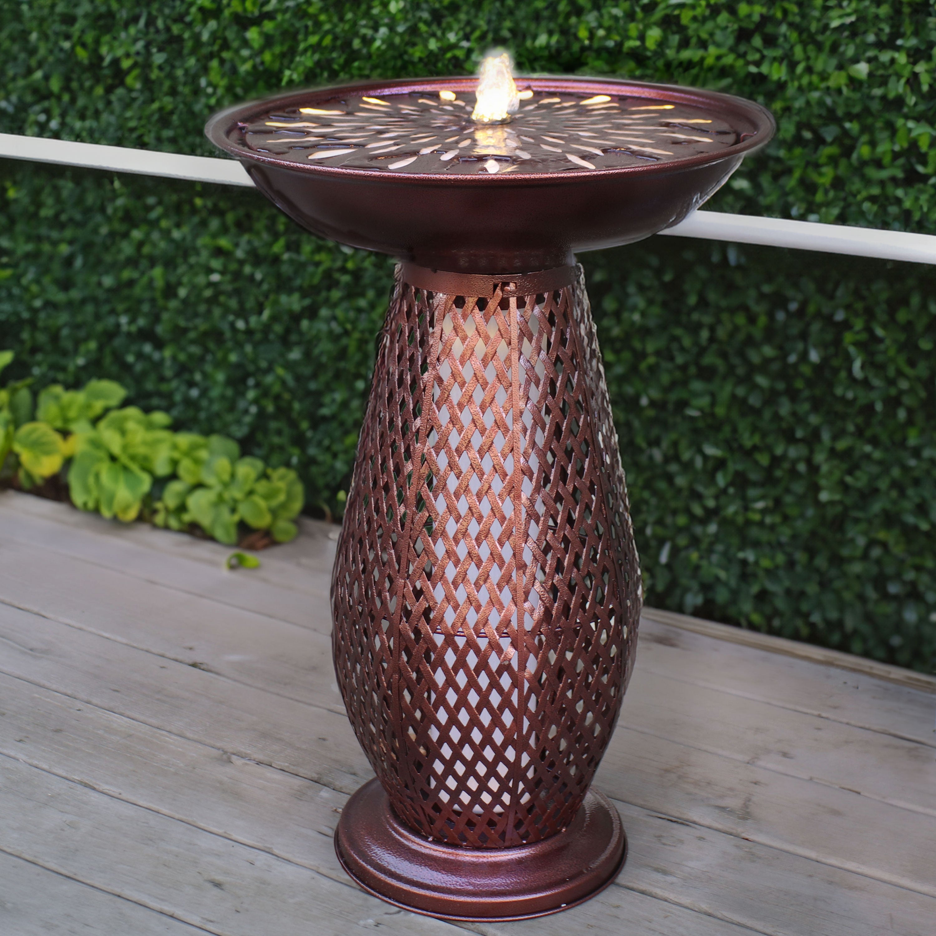 Sunnydaze Decorative Iron Crosshatch Bird Bath Fountain with LED Lights - Outdoor Garden Decor for Birds & Wildlife - Perfect for Patio, Yard, and Backyard Landscaping