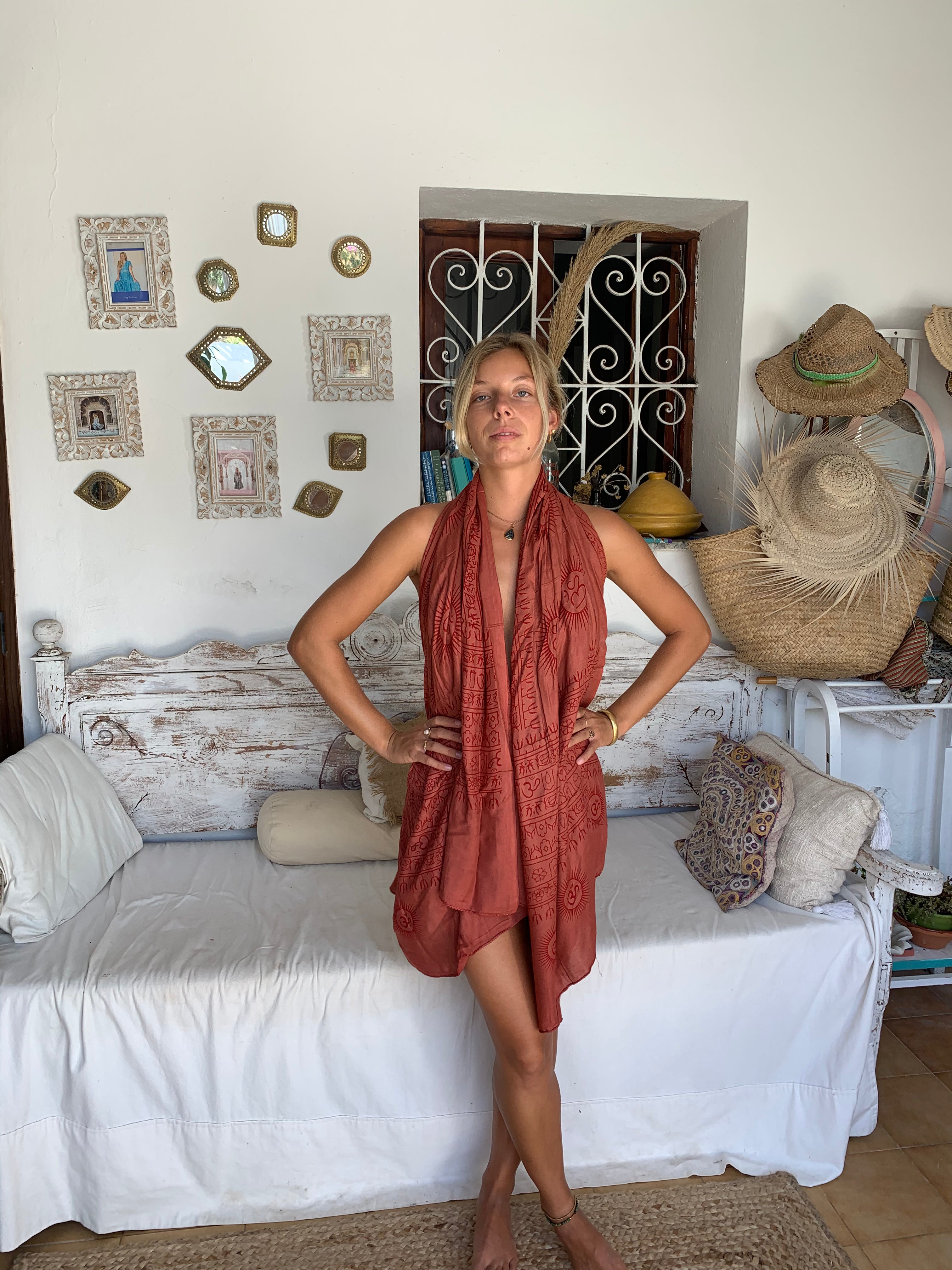 Large Om Print Sarong Pareo Shawl - Red Boho Beach Cover-Up for Ibiza, Pool, and Vacation