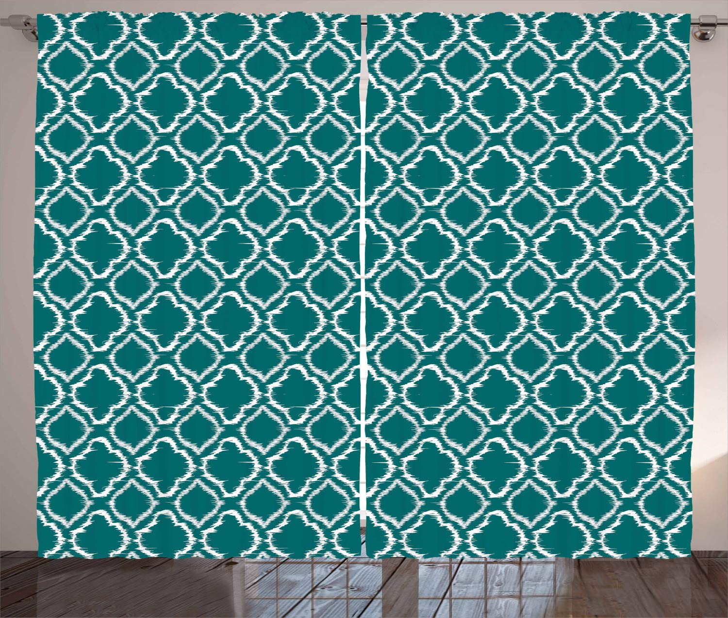 Ambesonne Teal Curtains - Traditional Ikat Style Pattern with Abstract Curves & Oval Shapes, Moroccan Inspired Window Drapes for Living Room & Bedroom, 2 Panel Set (108