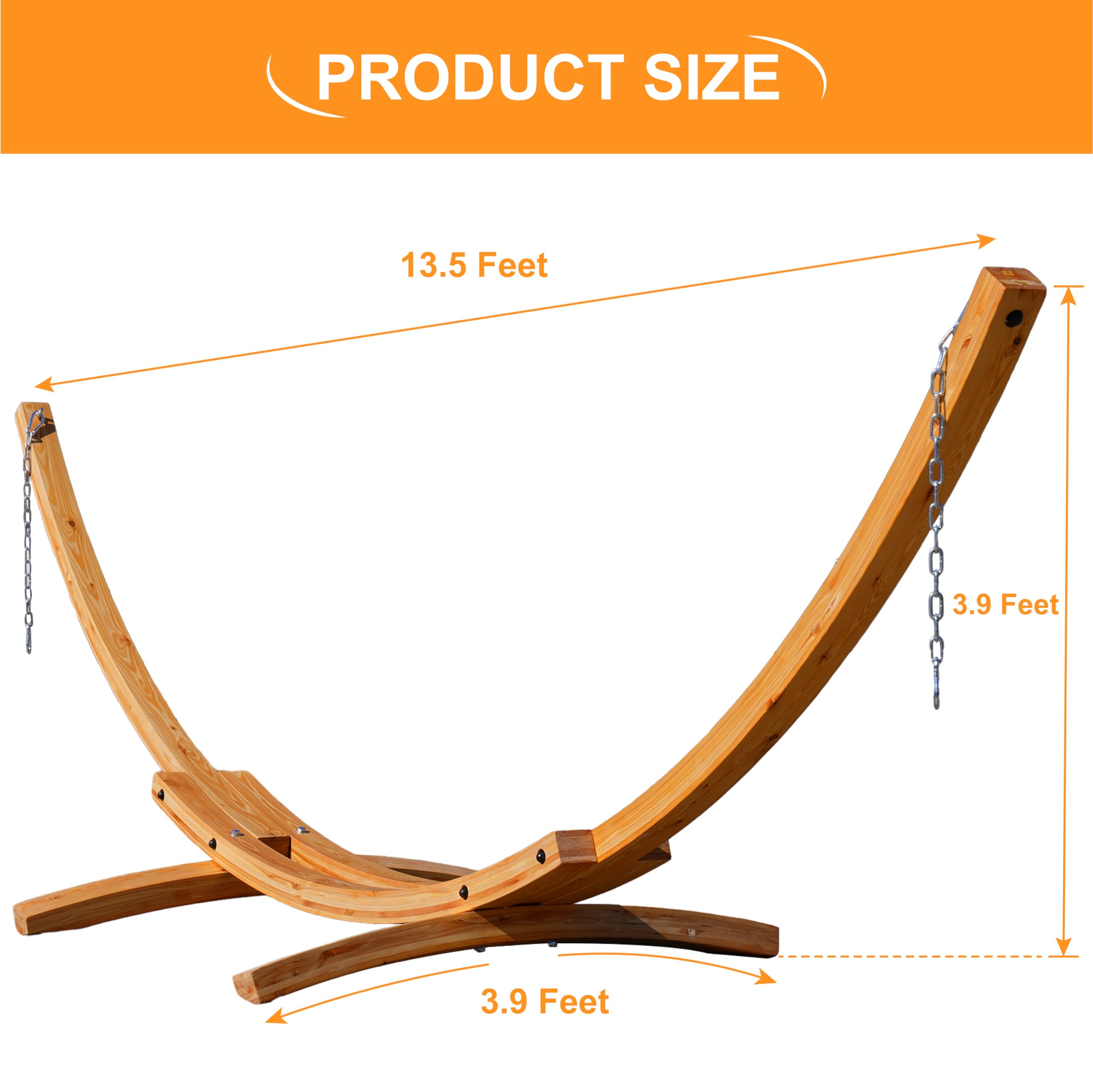 13 FT Outdoor Arc Wood Hammock Stand for 2 Persons - Russian Pine Hardwood with Carabiners & Chains - 500lb Capacity - Perfect for Patio, Garden, Yard & Poolside Relaxation - Natural Finish