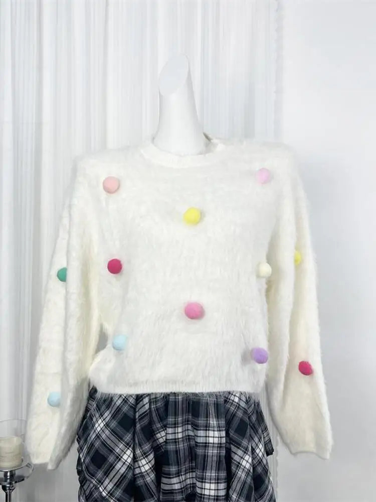 Women's White Mink Fur Ball Decor Short Knit Sweater - Round Neck Long Sleeve Pullover Top for Autumn Winter | Casual Streetwear & Vacation Outfit