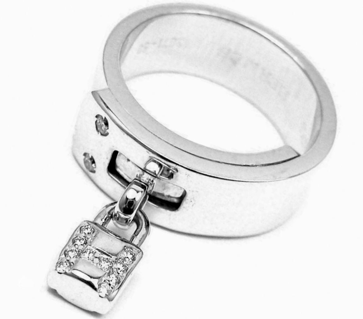 Authentic Hermes 18k White Gold H Lock Diamond Ring - Luxury Designer Jewelry for Women, Perfect for Weddings, Anniversaries & Special Occasions