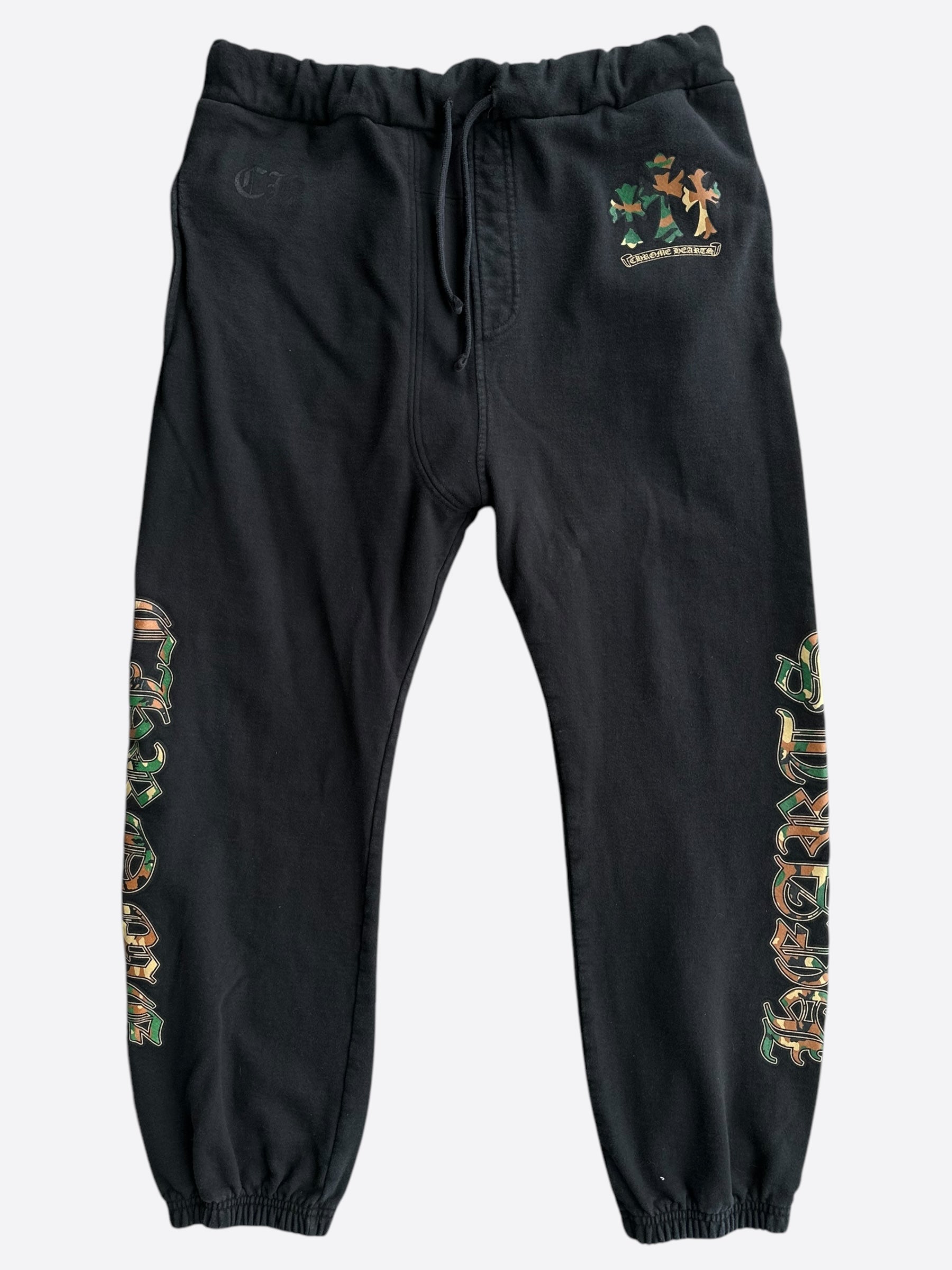 Chrome Hearts Black Camouflage Triple Cross Logo Sweatpants for Men - Luxury Streetwear Joggers with Gothic Cross Design - Perfect for Casual Wear, Gym & Hip-Hop Fashion