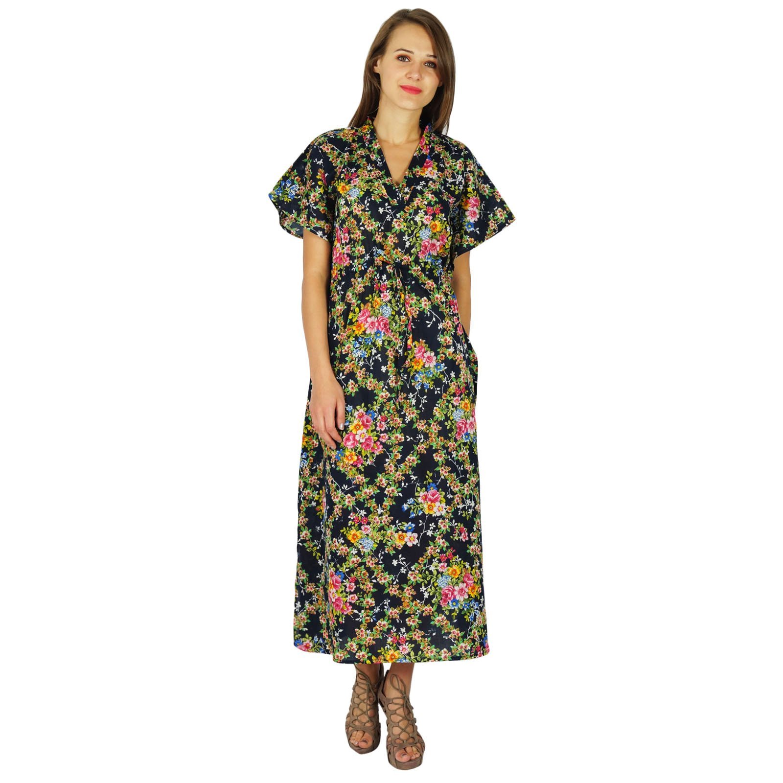 Printed Long Boho Kaftan Dress for Women - Flowy Kimono Sleeves Loungewear Cover Up - Blue and Green Floral Design - Perfect for Beach, Pool, Vacation & Summer Outfits
