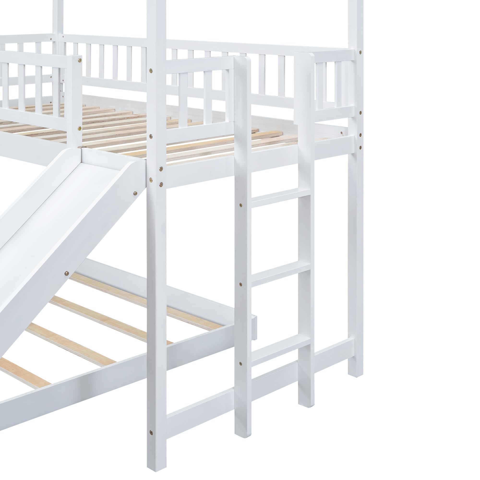 Bellemave Twin Over Full Bunk Bed with Slide - Pine Wood Loft Bed with Roof & Guardrail for Kids & Teens - Sturdy No Box Spring Needed - White - Perfect for Bedrooms, Playrooms & Small Spaces