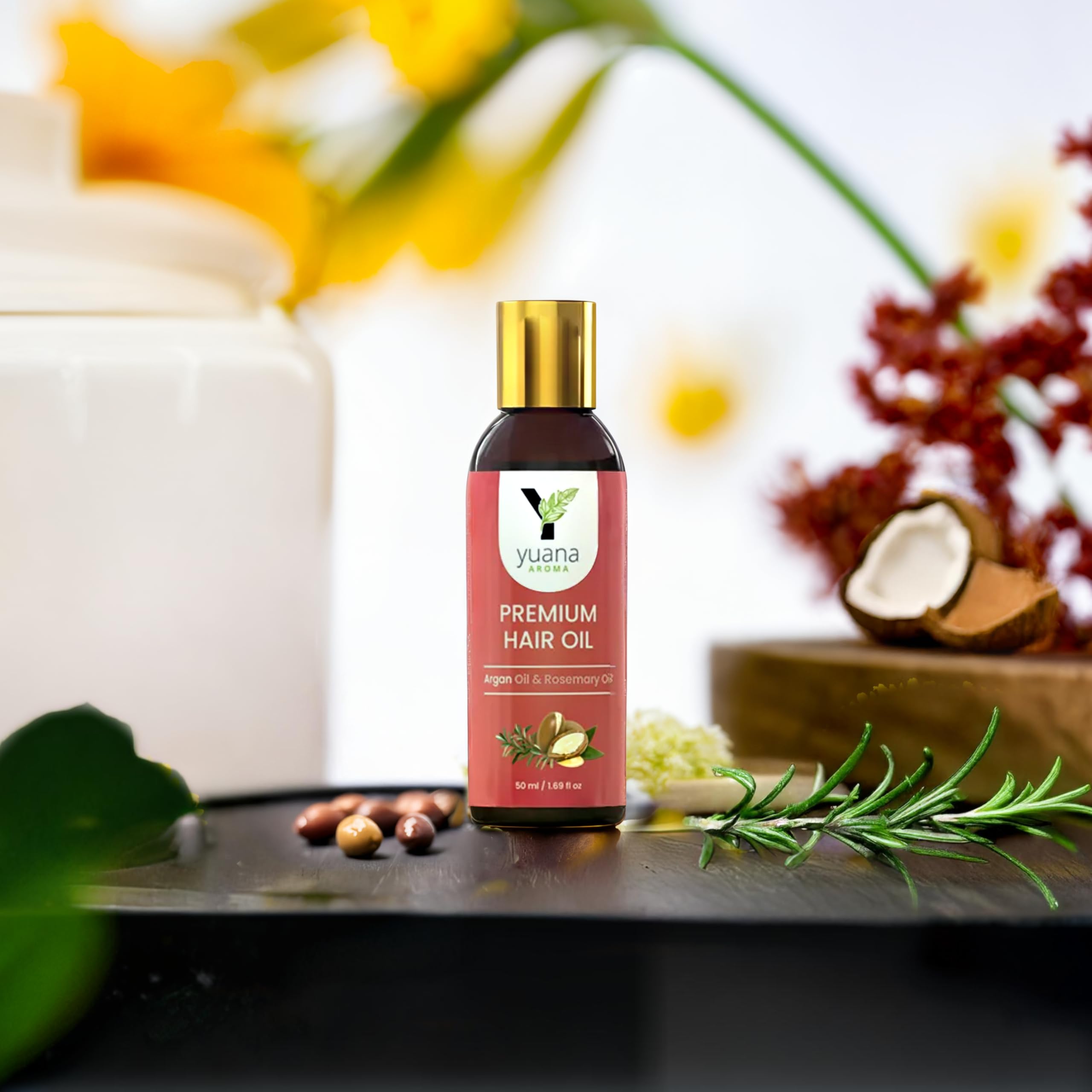 Yuana Aroma Premium Hair Growth Oil with Argan & Rosemary - 100% Natural Treatment for Hair Loss Control & Frizz Reduction (50ml) | Perfect for Daily Scalp Massage & Damaged Hair Repair