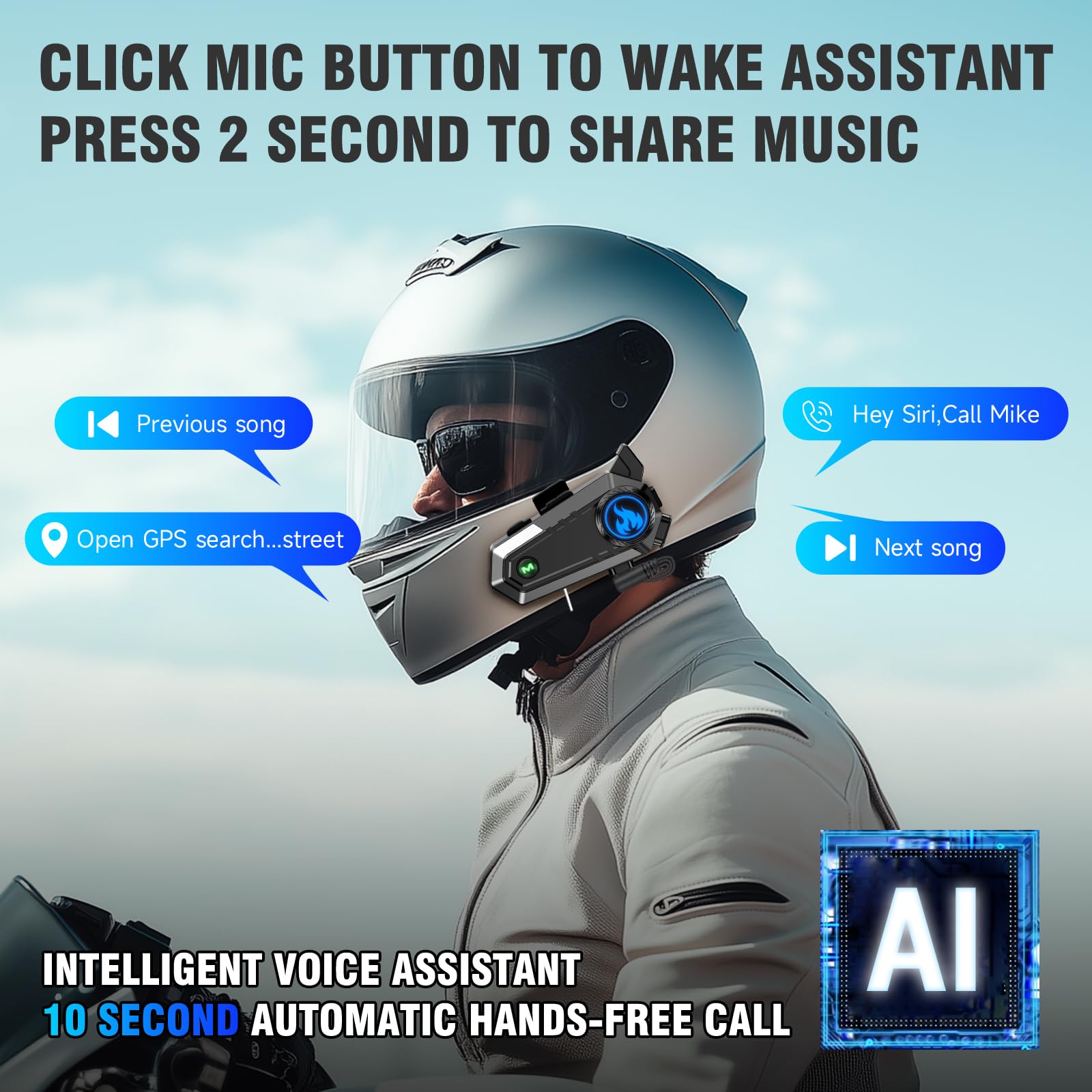 Motorcycle Helmet Bluetooth Headset C9 - Dual Mic, Intercom, Hands-Free Calls, Music, Waterproof, Noise Cancellation, Siri Wake-Up, Helmet Speakers - Perfect for Commuting, Touring & Group Rides