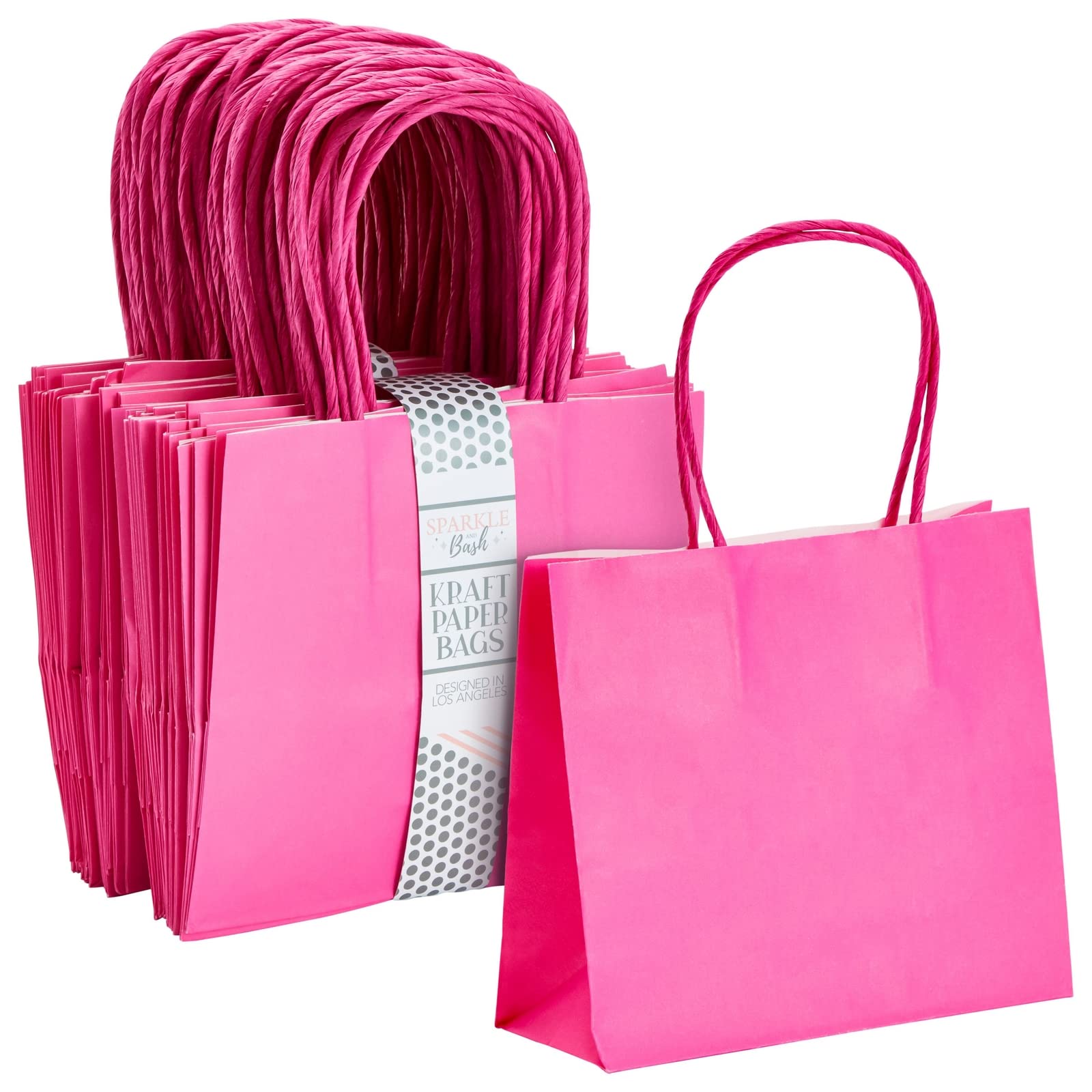 50 Pack Mini Pink Gift Bags with Handles - 6x5x2.5 Inch Bulk Kraft Party Favor Bags for Birthday, Baby Shower, Wedding Favors & Christmas Gift Wrapping