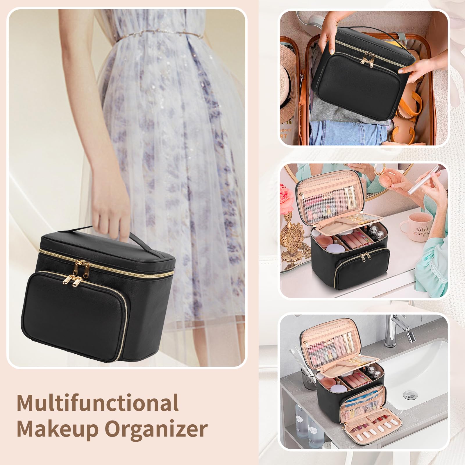 Large Waterproof Makeup Bag for Women - Travel Cosmetic Organizer with Removable Dividers, Perfect for Travel & Daily Use