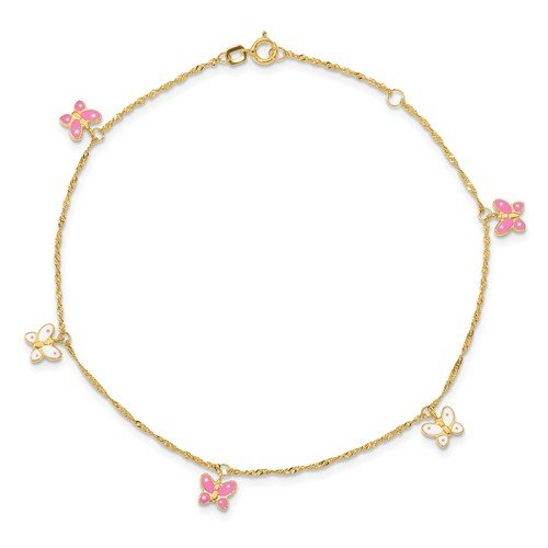 14K Yellow Gold Pink & White Enamel Butterfly Anklet Bracelet - Elegant Foot Jewelry for Women, Perfect for Summer, Beach & Boho Fashion
