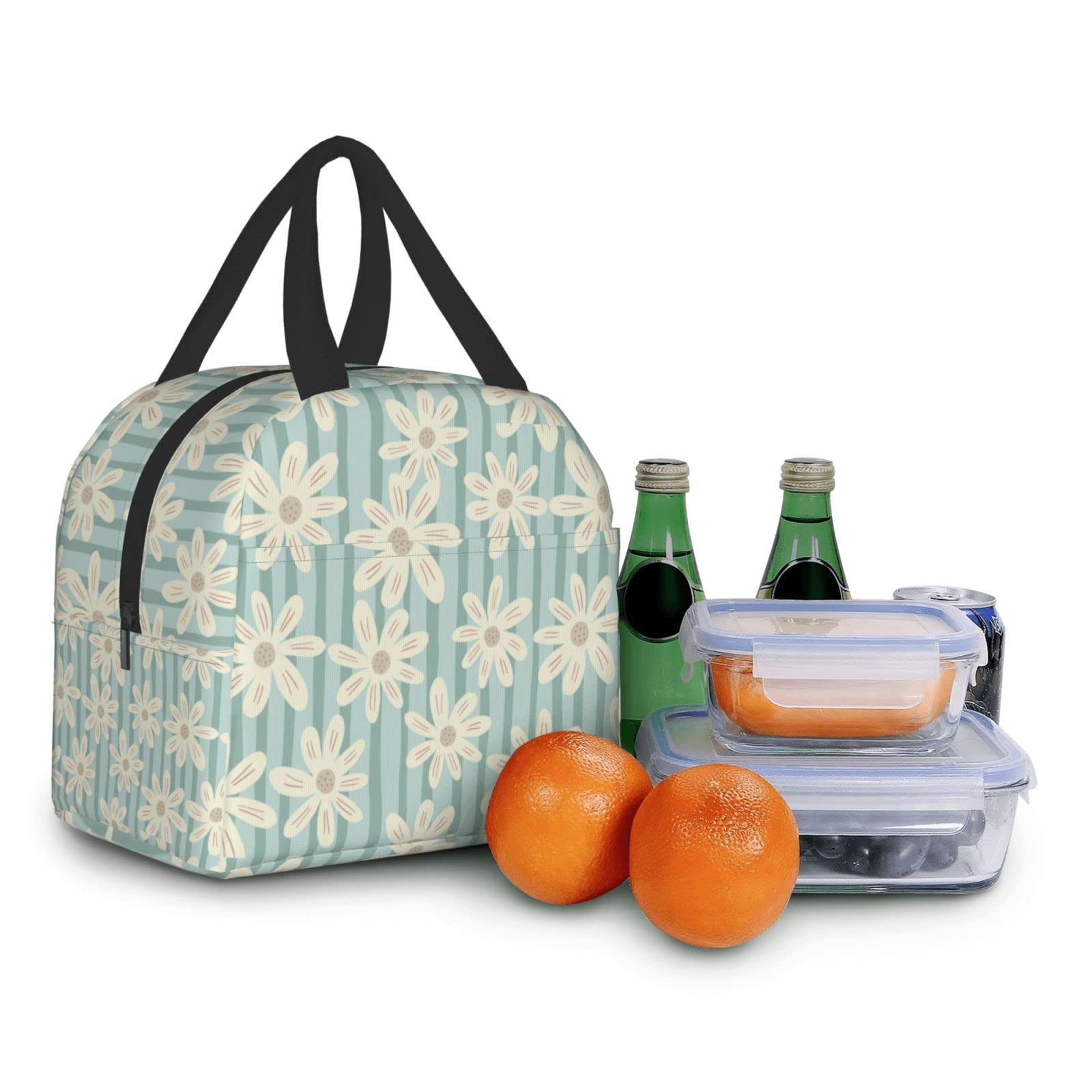 Insulated Lunch Box with Daisy Flower Stripe Design - Reusable & Portable Meal Container for Men & Women - Perfect for Work, Travel, Picnic & Outdoor Activities