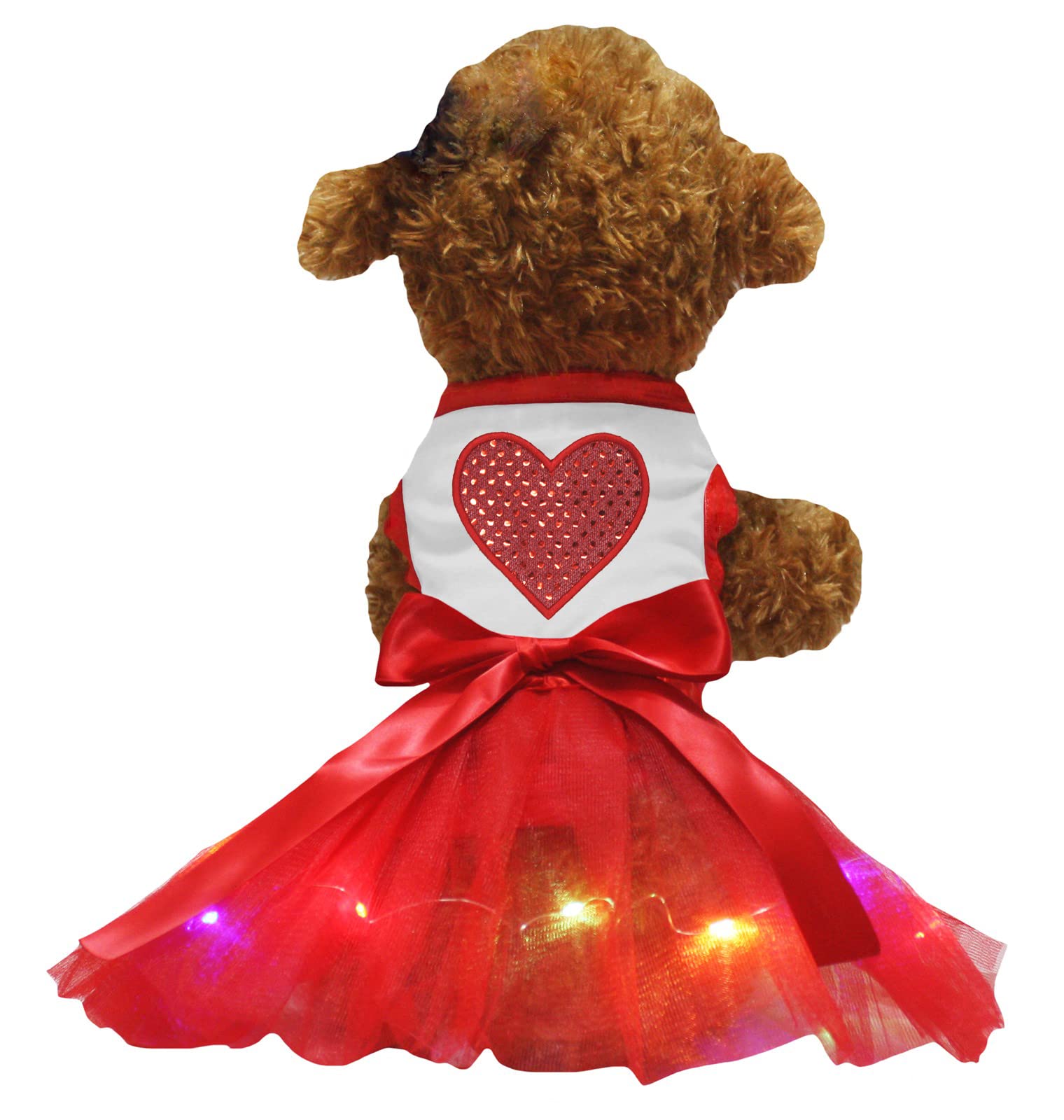 Petitebella Red Sequins Heart Puppy Dog Dress with LED Lights - XXX-Large Size for Small Dogs, Perfect for Christmas Parties & Pet Photoshoots (White/Red)