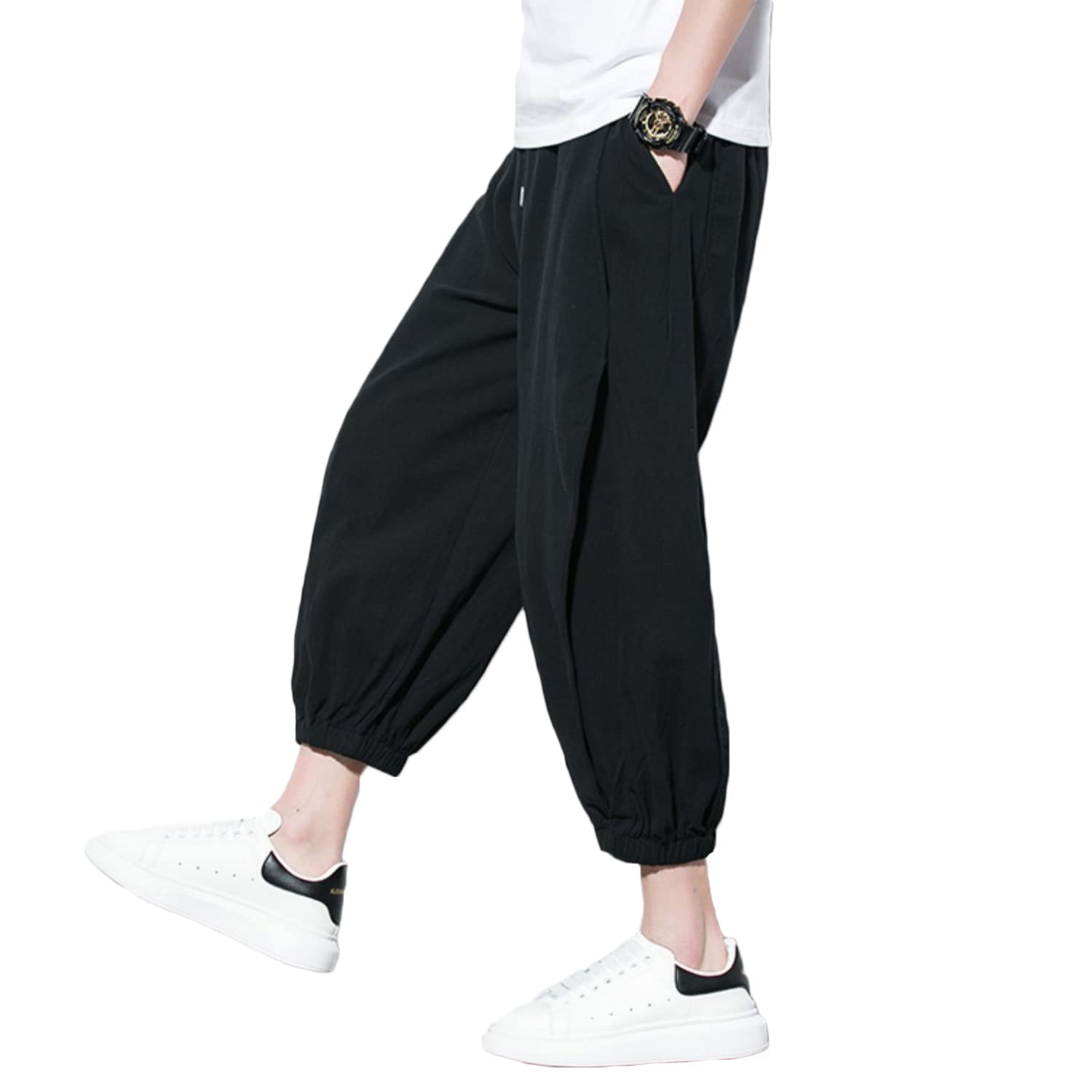 INVACHI Men's Casual Elastic Waist Linen Capri Pants - Wide Leg Baggy Harem Trousers for Summer | Comfortable & Breathable Lounge Pants for Yoga, Travel and Home Wear