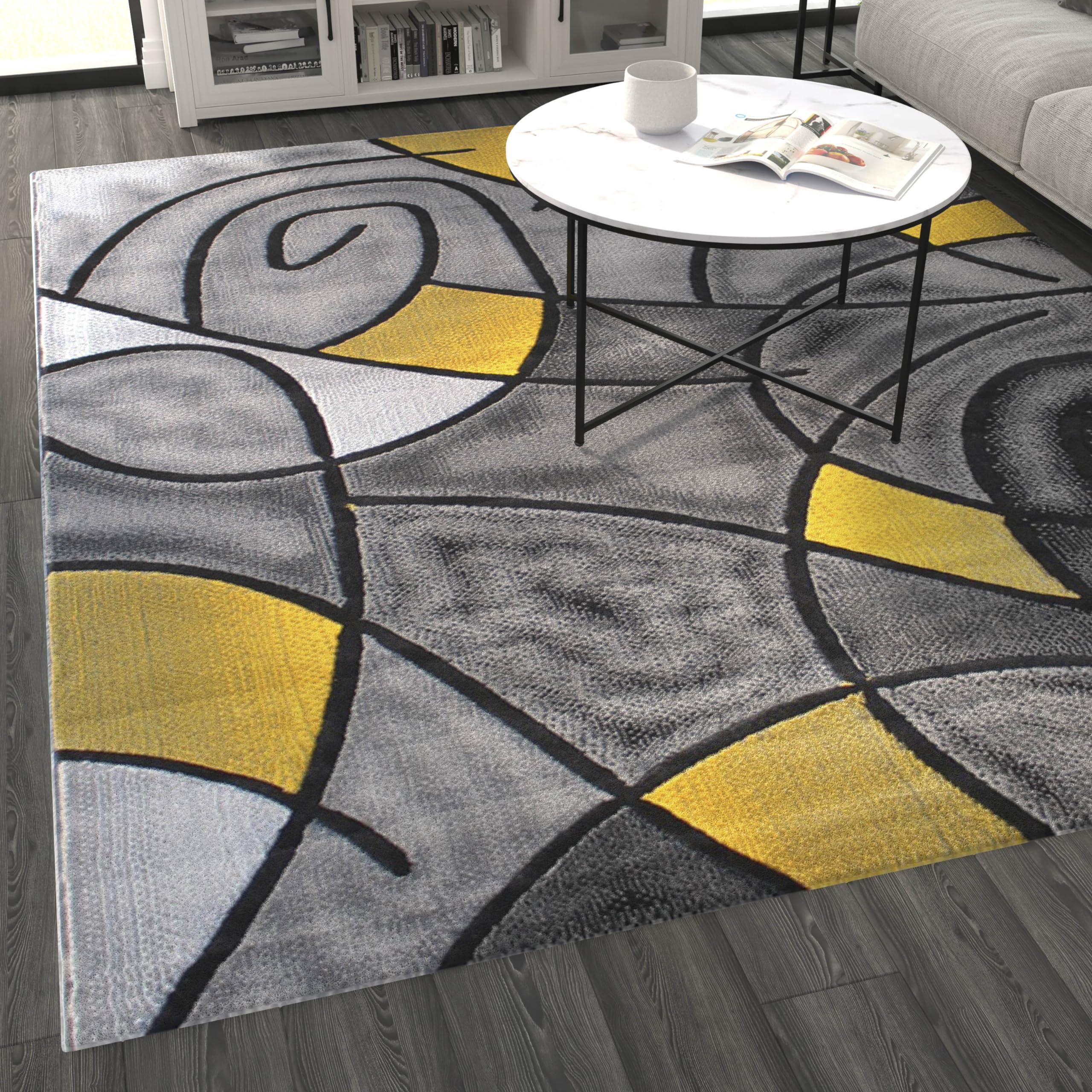 8' x 10' Yellow Abstract Area Rug - Soft Olefin Rug with Non-Slip Jute Backing - Perfect for Living Room, Bedroom & Family Room Decor - Adds Style & Comfort to Your Home