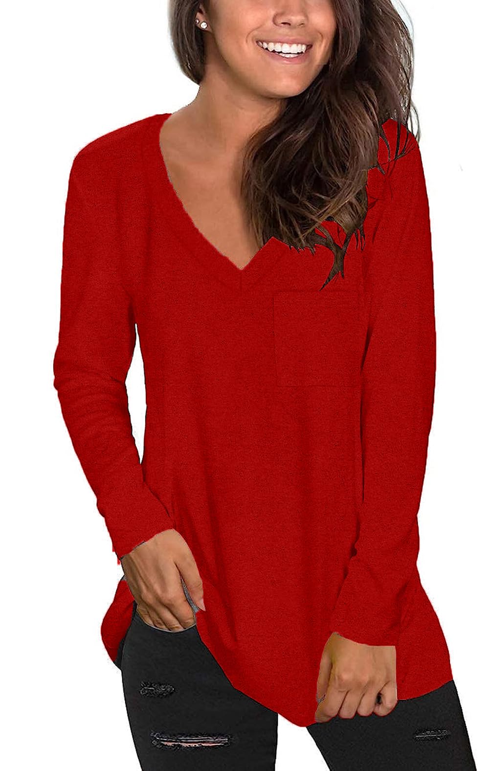 Tobrief Women's Long Sleeve V-Neck Casual T-Shirt with Pocket - Loose Fit Comfortable Blouse for Everyday Wear, Work & Outings