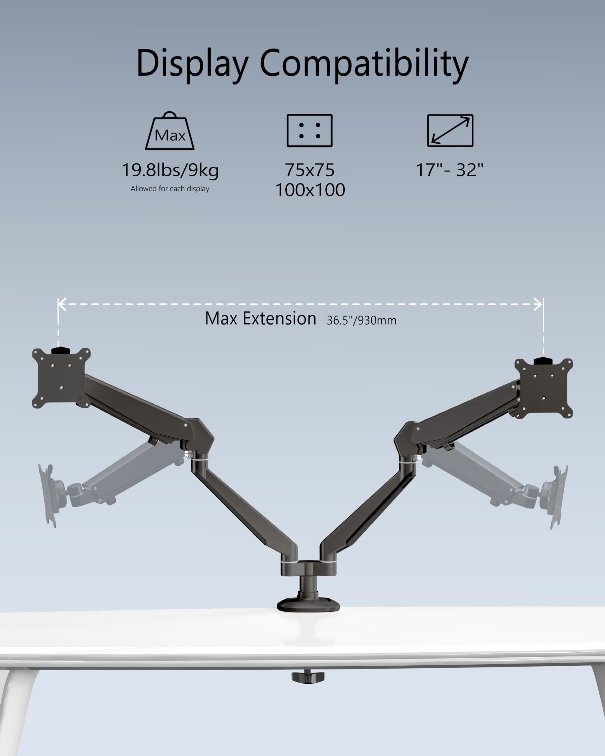 Dual Monitor Stand for 32 Inch Screens - Adjustable Gas Spring Monitor Arm Desk Mount Holds Up to 19.8 lbs - Aluminum Black for Home Office & Gaming Setup