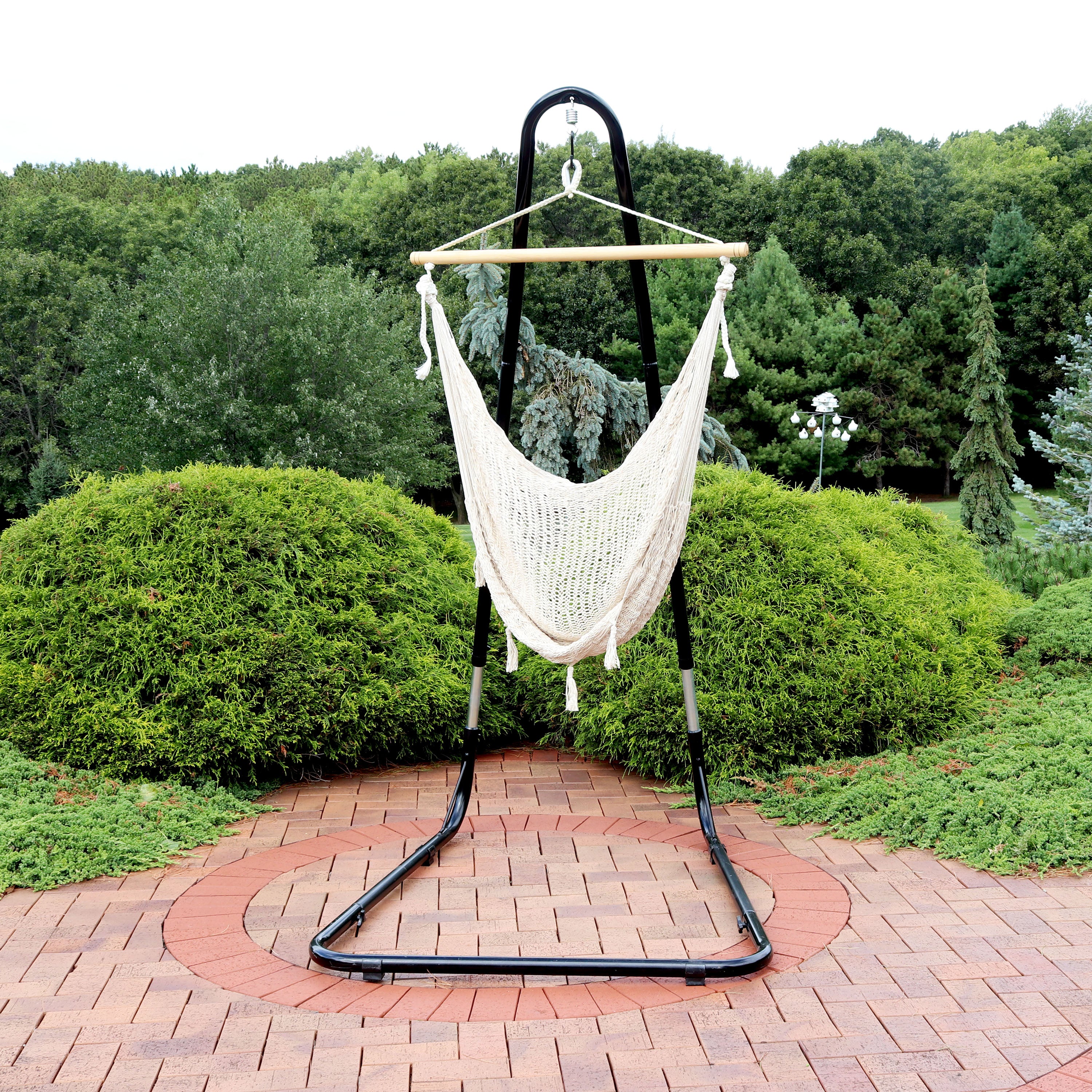 Sunnydaze XL Mayan Rope Hammock Chair with Adjustable Stand - Natural Cotton Hanging Swing Seat for Indoor & Outdoor Relaxation in Garden, Patio, or Backyard