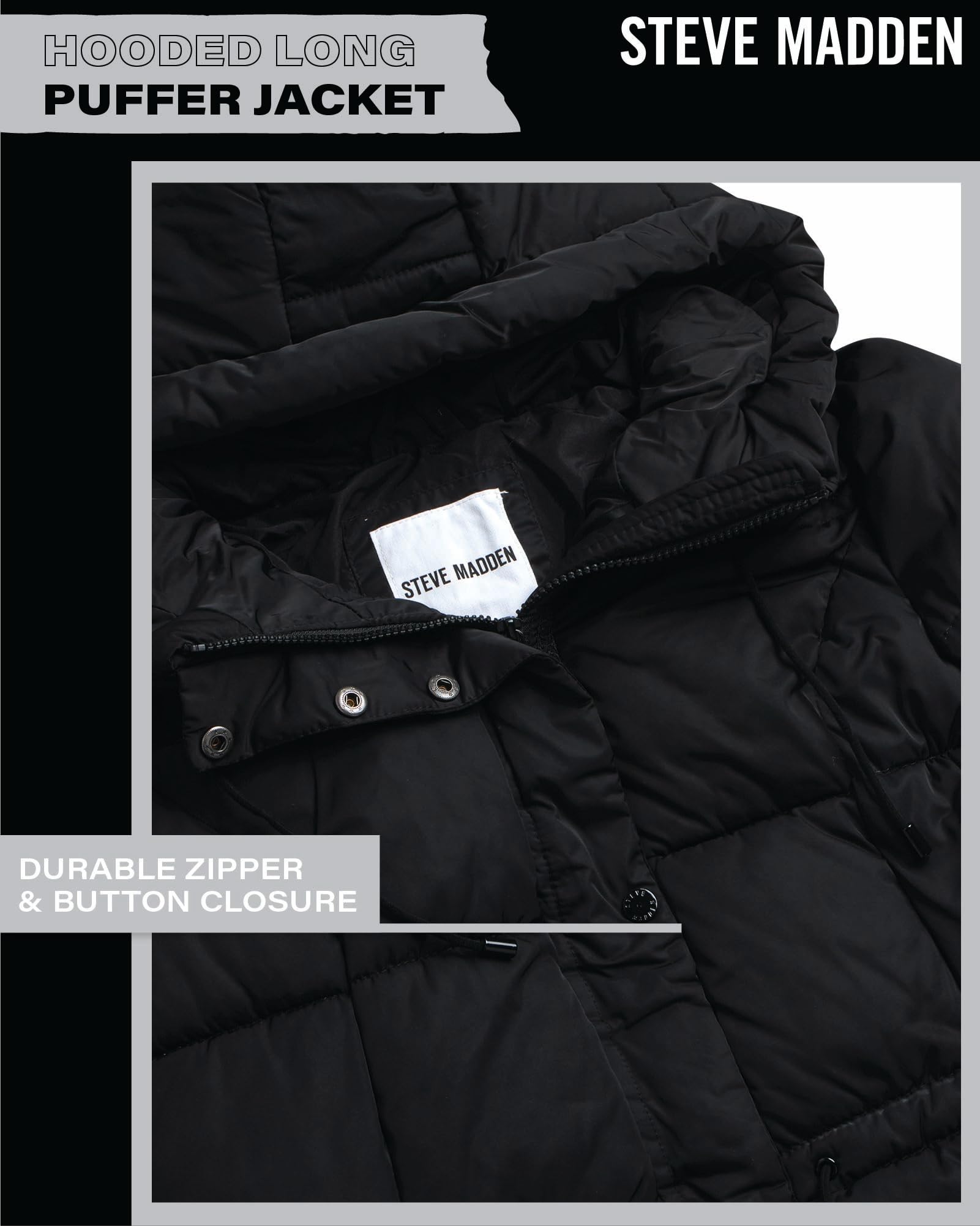 Steve Maden Women's Hooded Long Puffer Jacket - Cozy Winter Down Coat with Adjustable Waist Drawstrings (Sizes S-XL) | Warm Outerwear for Cold Weather, Outdoor Activities & Casual Style
